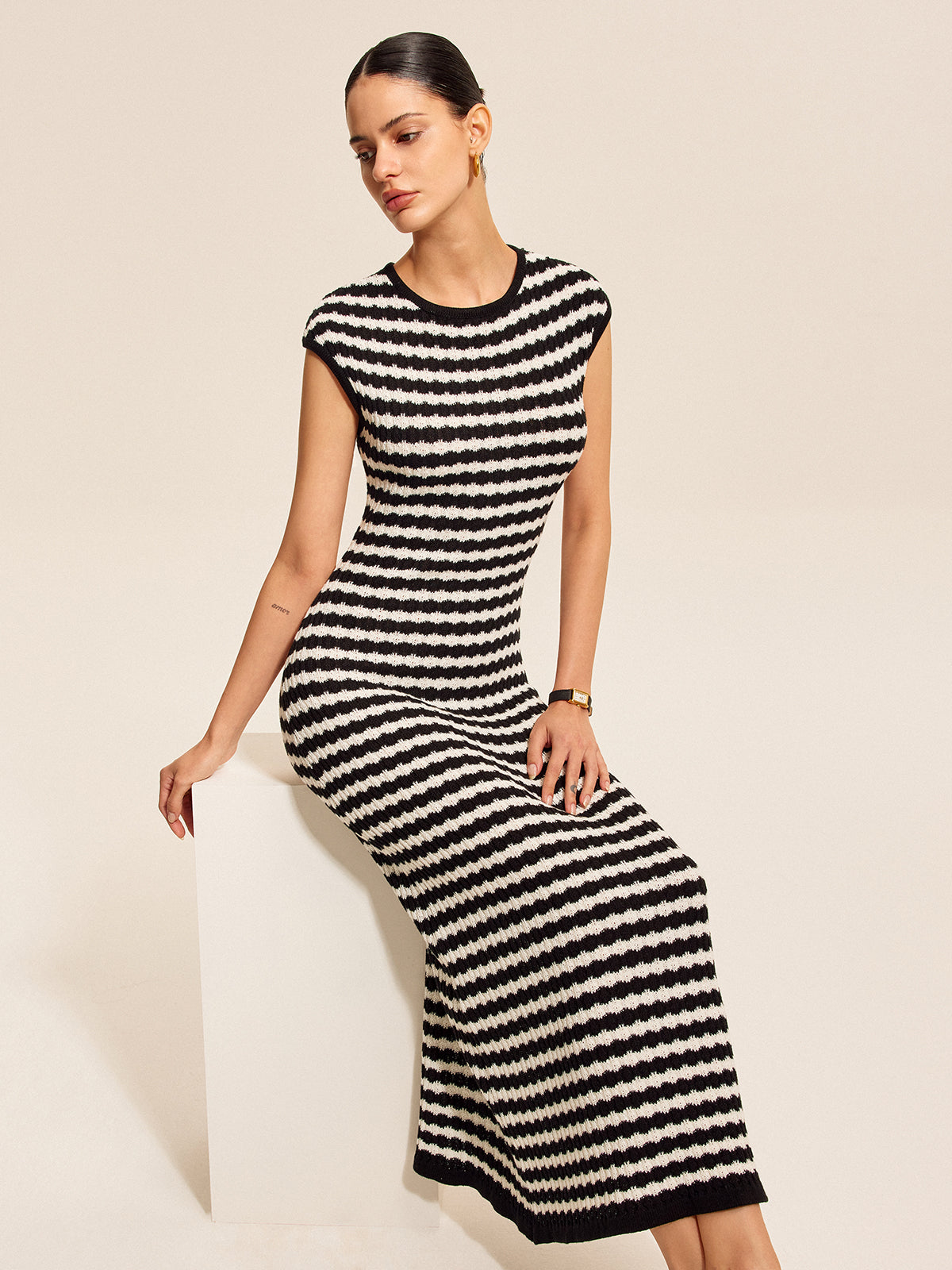 Striped Cap Sleeves Knit Dress for Women Casual Summer