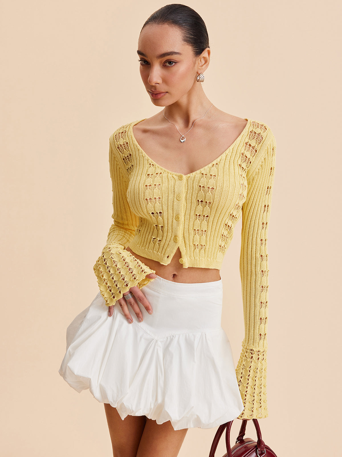 Bell Sleeve Crochet Knit Cardigan Women's Lightweight Open Front