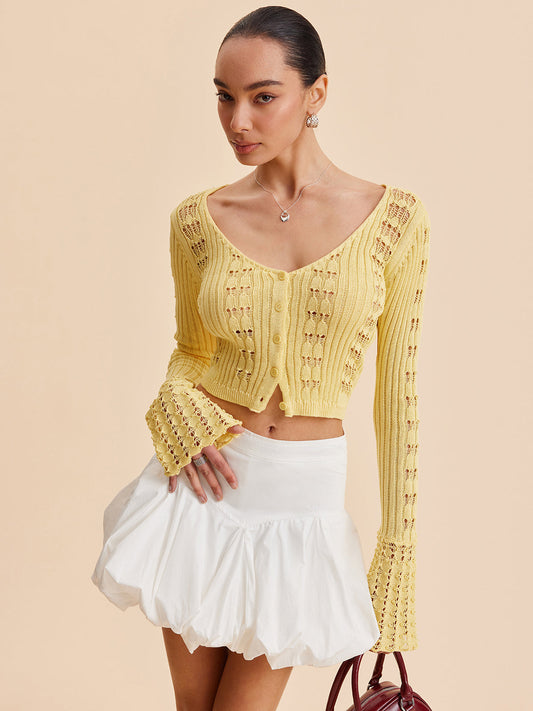 Bell Sleeve Crochet Knit Cardigan Women's Lightweight Open Front