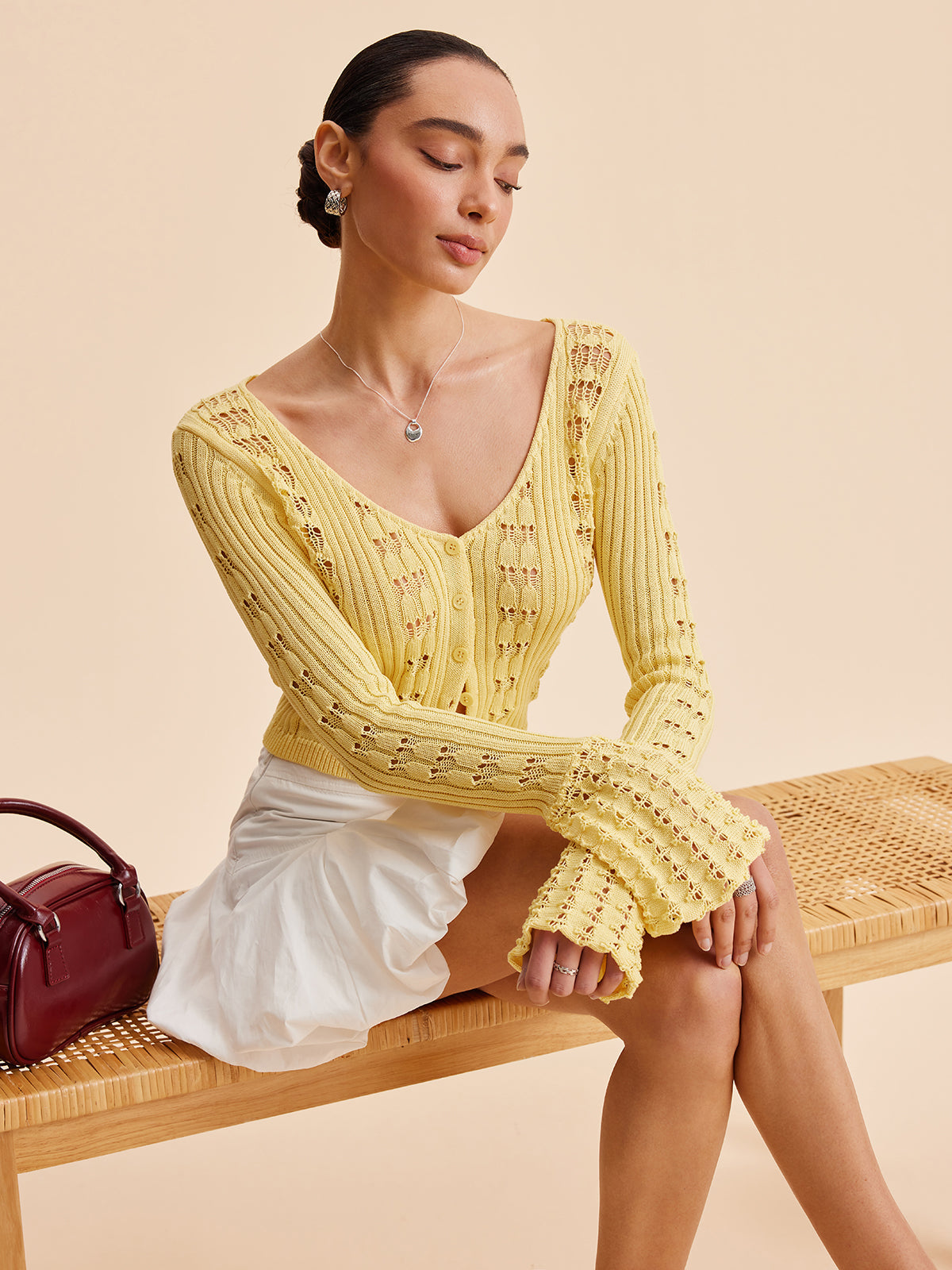 Bell Sleeve Crochet Knit Cardigan Women's Lightweight Open Front