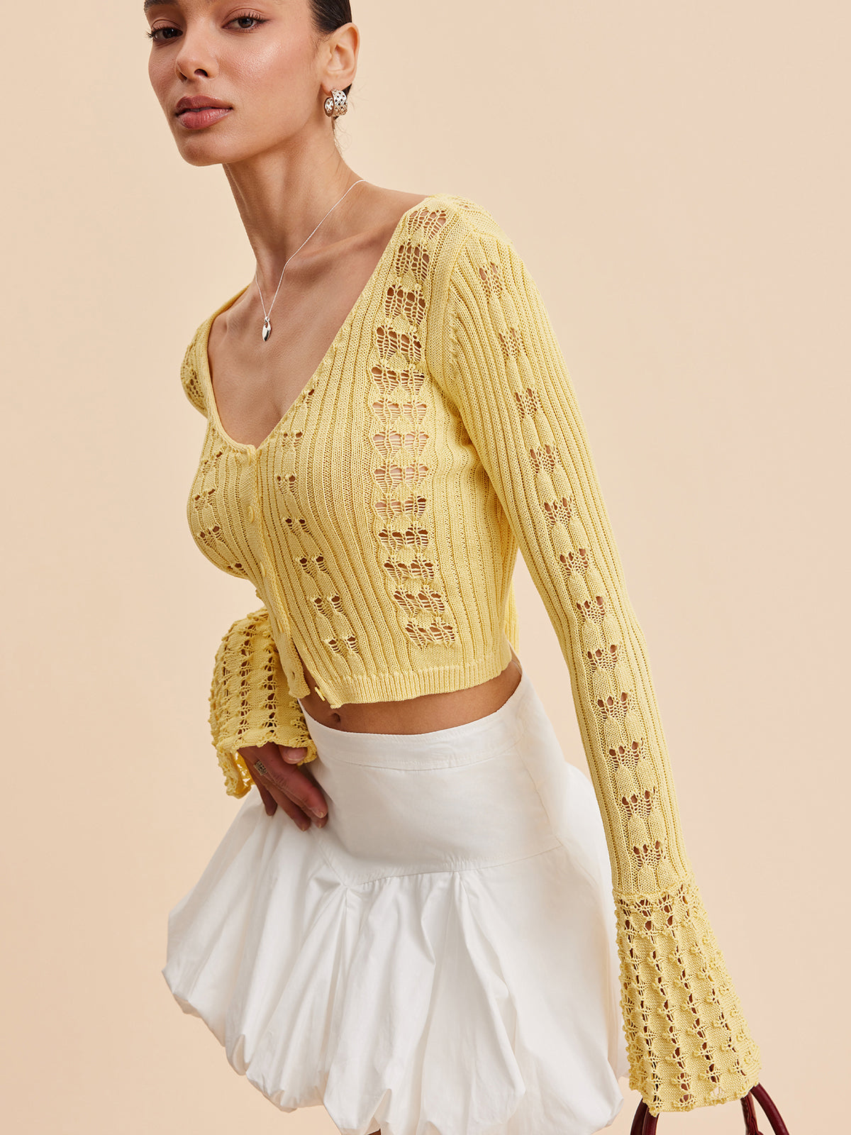 Bell Sleeve Crochet Knit Cardigan Women's Lightweight Open Front
