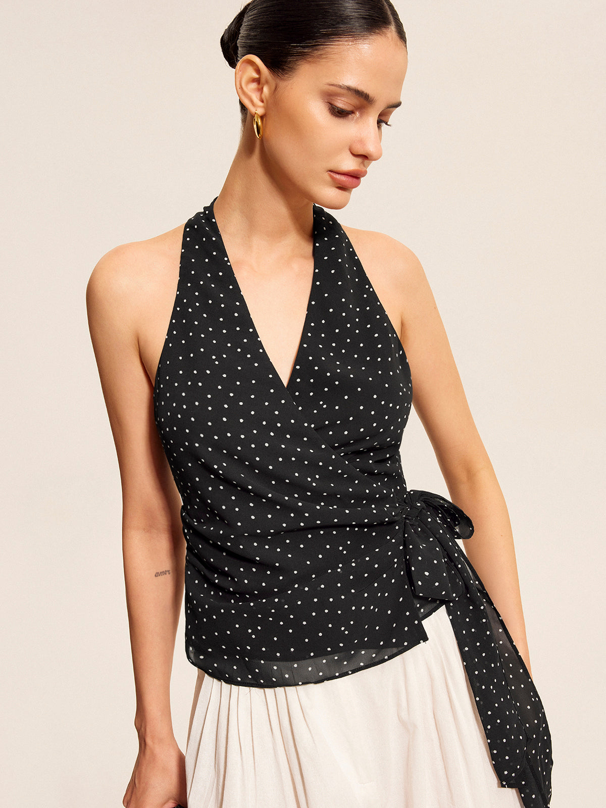 Polka Dot Wrap Tie Halter Top with Backless Design for Women