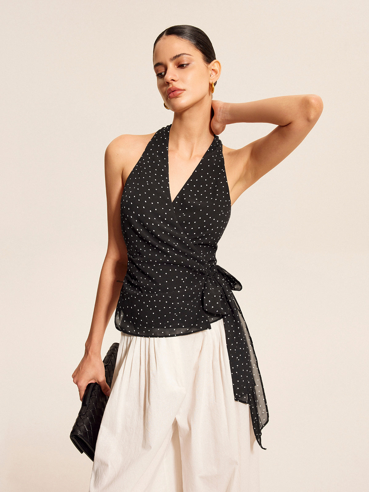 Polka Dot Wrap Tie Halter Top with Backless Design for Women