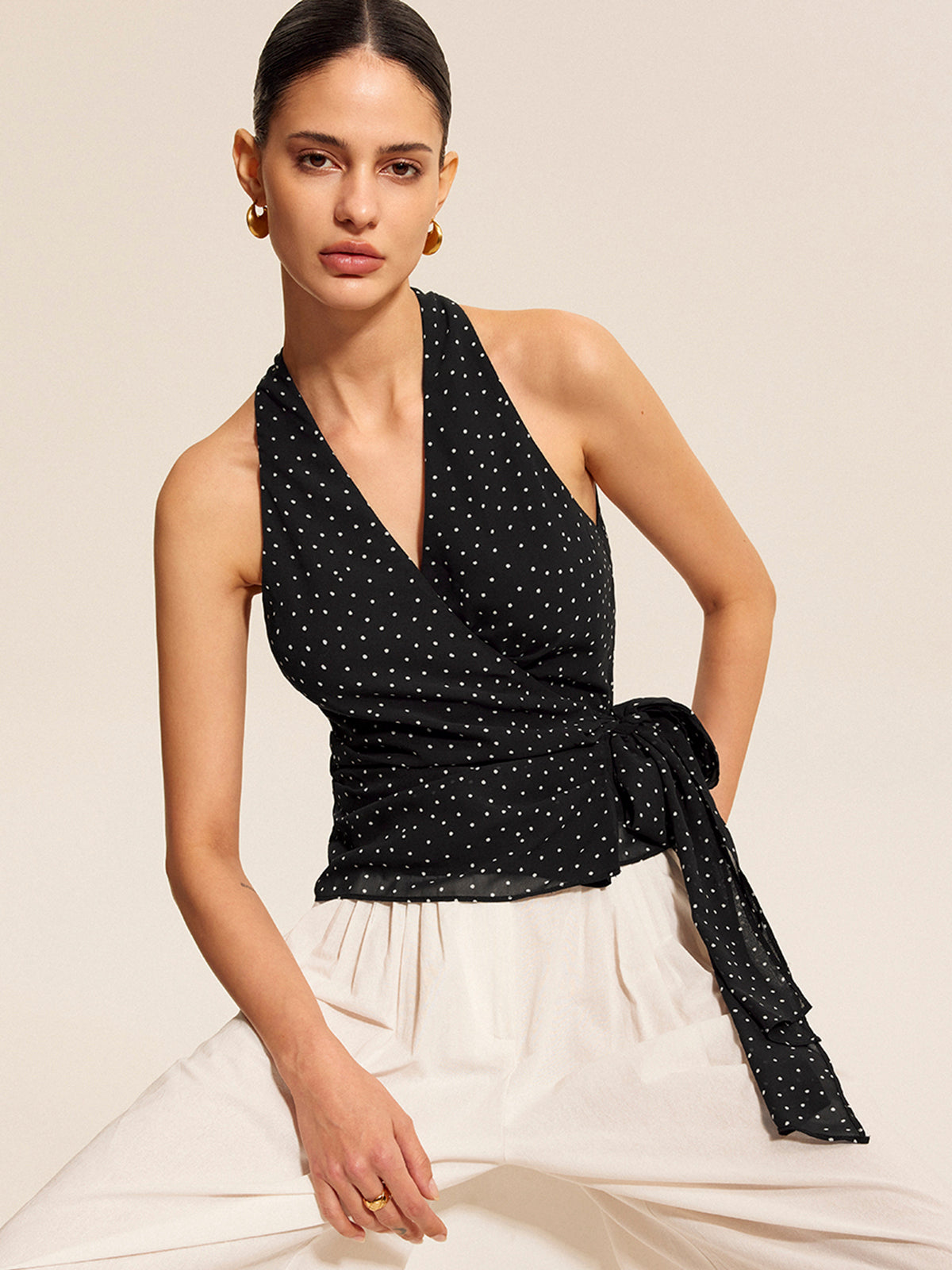 Polka Dot Wrap Tie Halter Top with Backless Design for Women