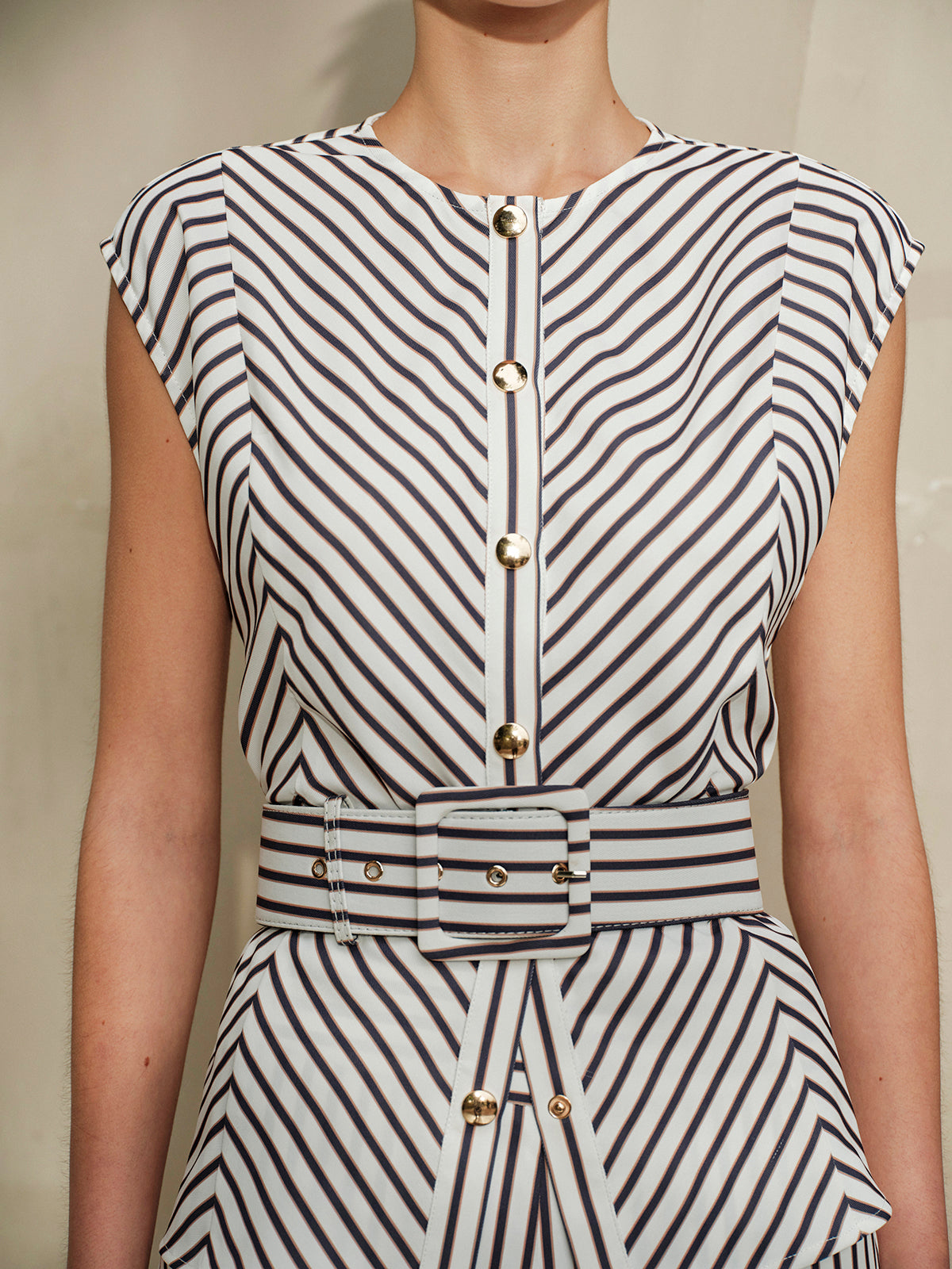 Striped Metal Round-Neck Shirt With Belt Casual Office Wear