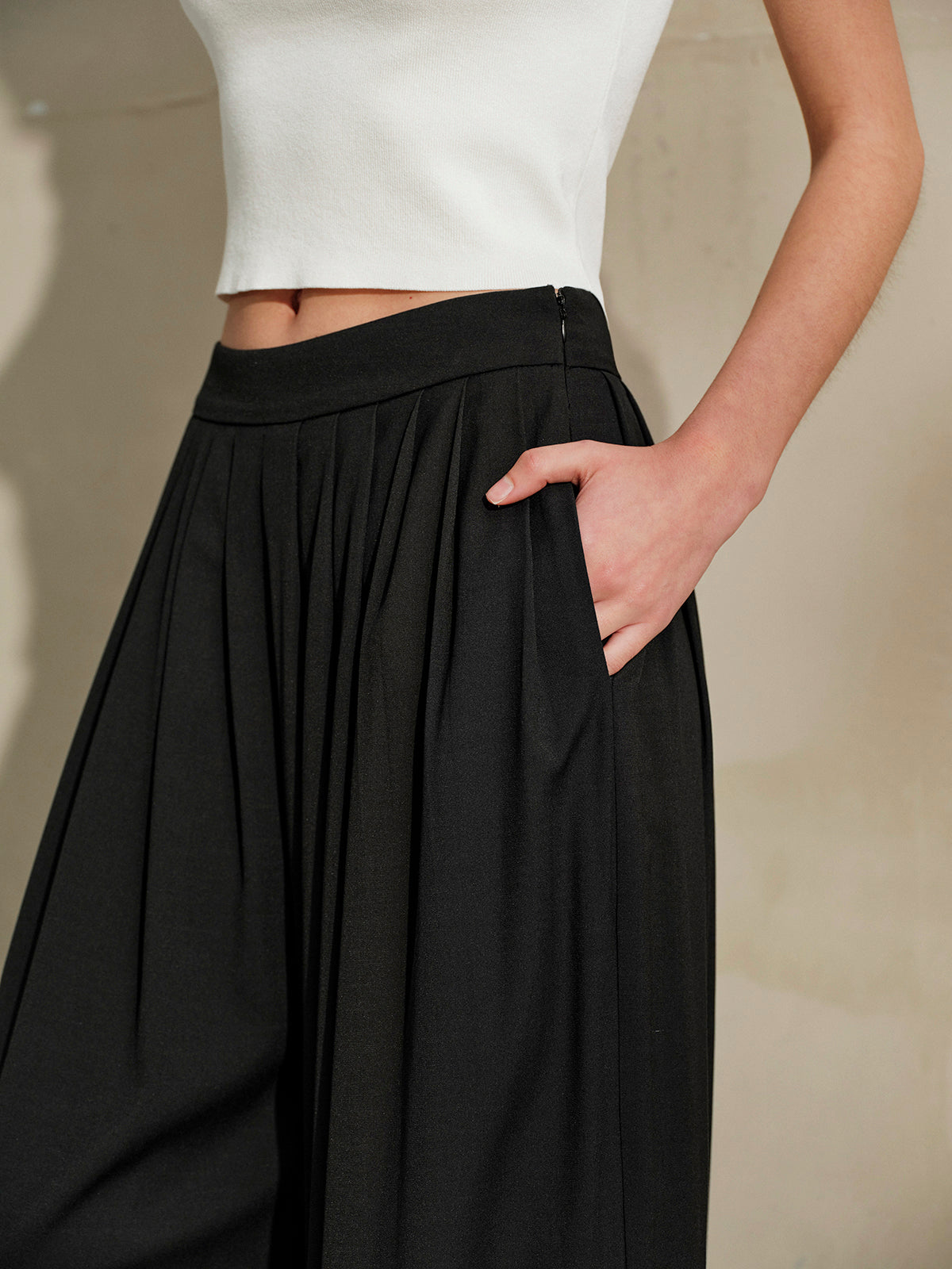 Mid-Waist Pleated Wide Leg Pants for Women, Casual Comfort Fit