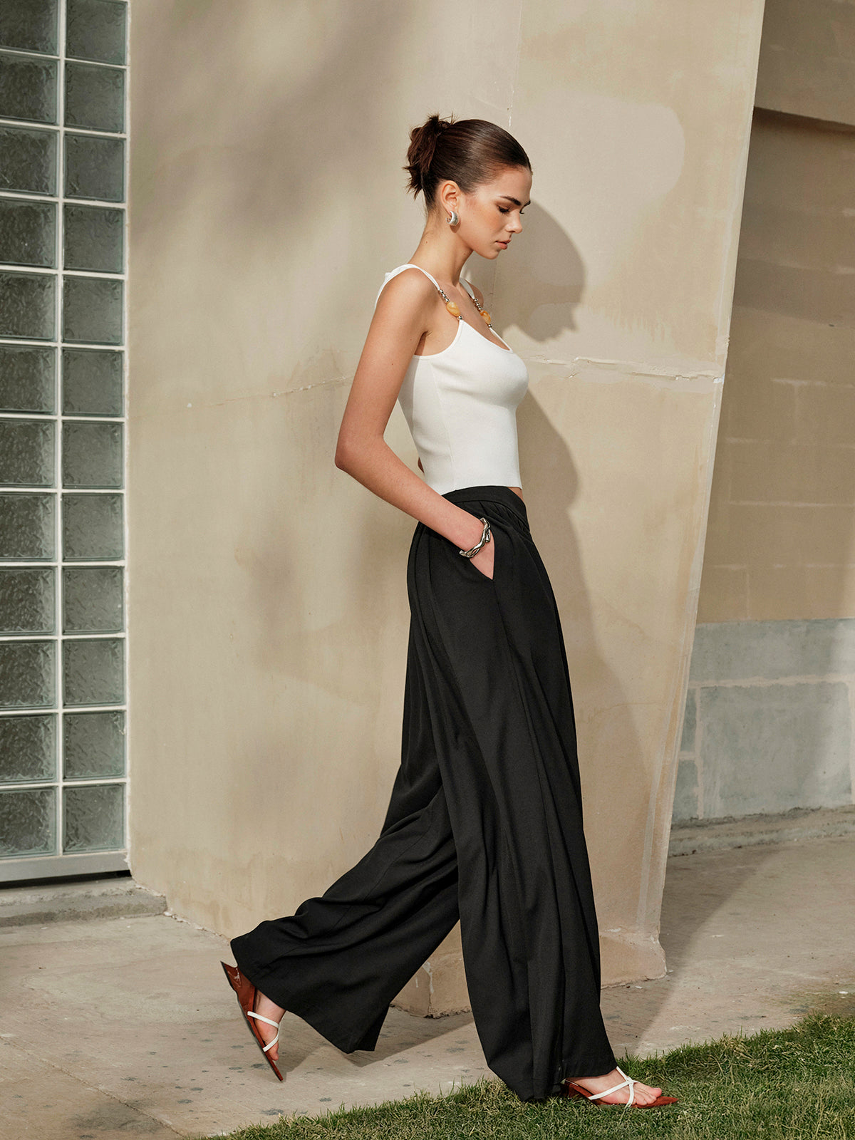 Mid-Waist Pleated Wide Leg Pants for Women, Casual Comfort Fit