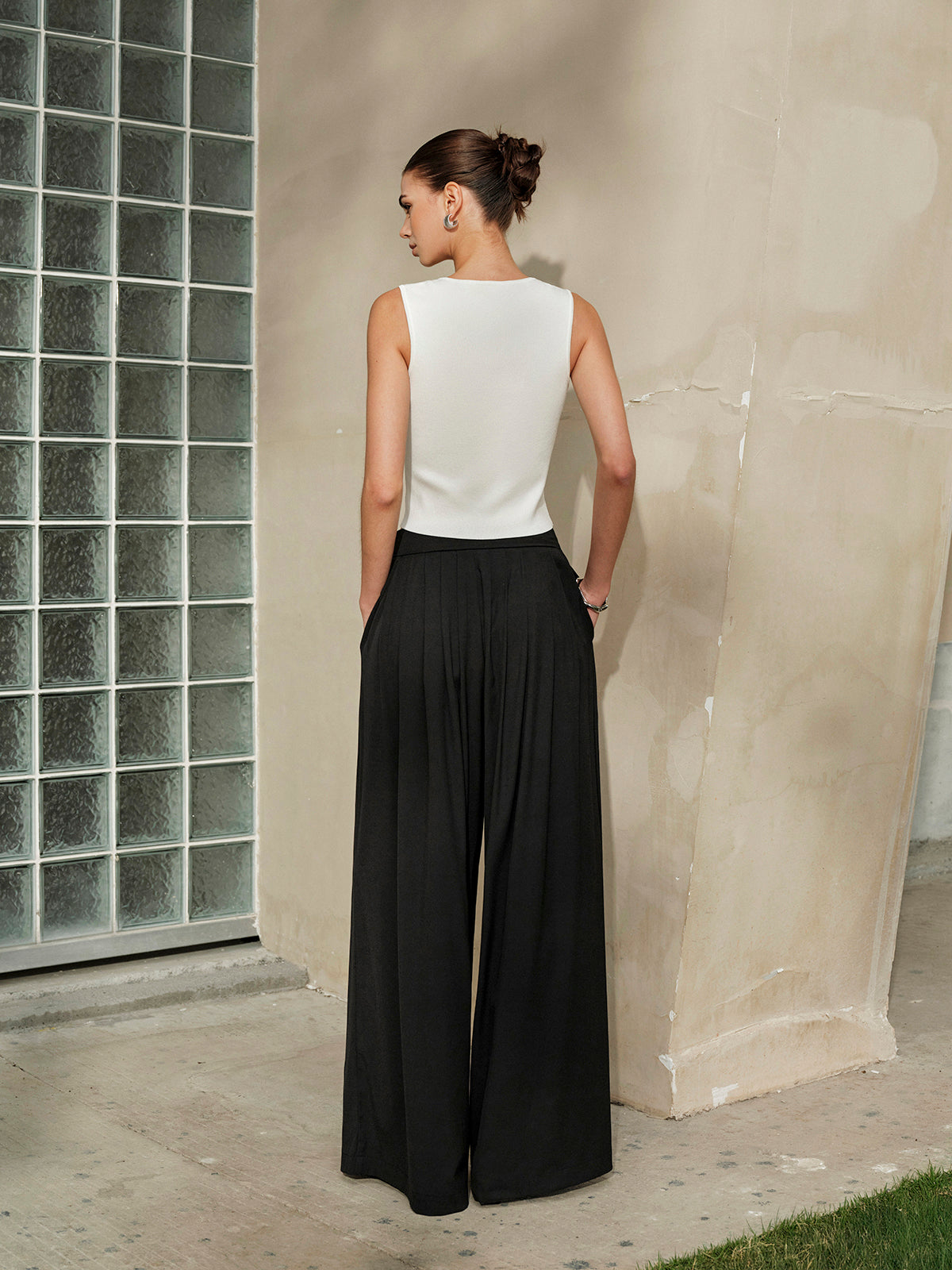 Mid-Waist Pleated Wide Leg Pants for Women, Casual Comfort Fit
