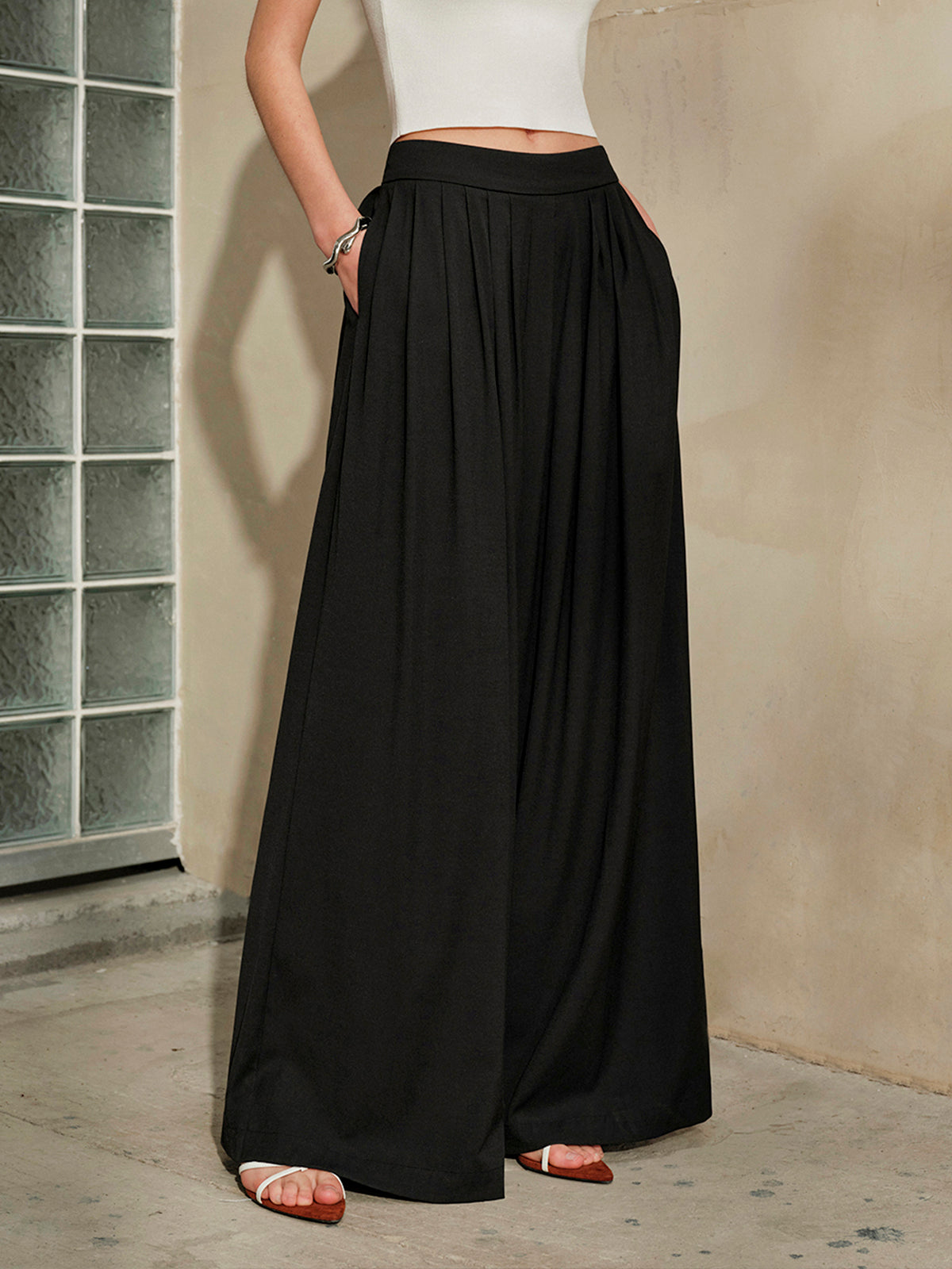 Mid-Waist Pleated Wide Leg Pants for Women, Casual Comfort Fit