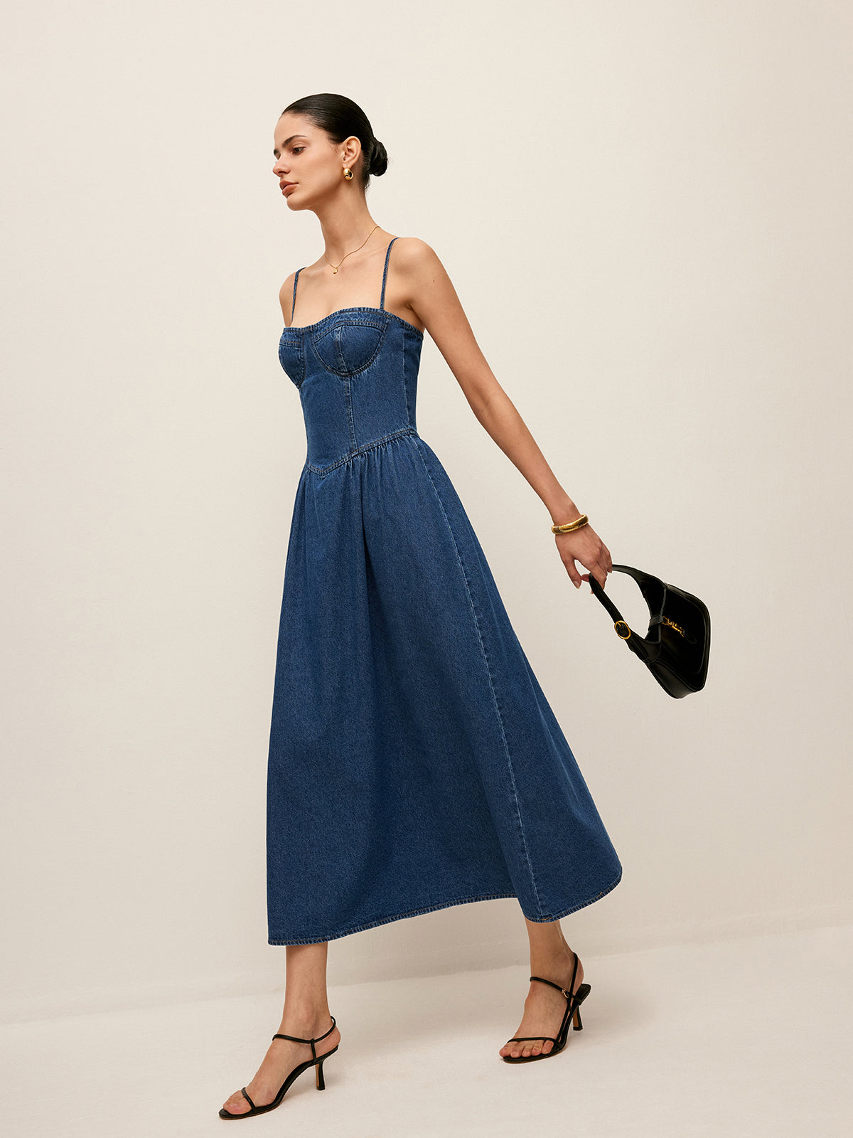 Sweetheart Collar Denim Dress Flared Skirt Button Front
