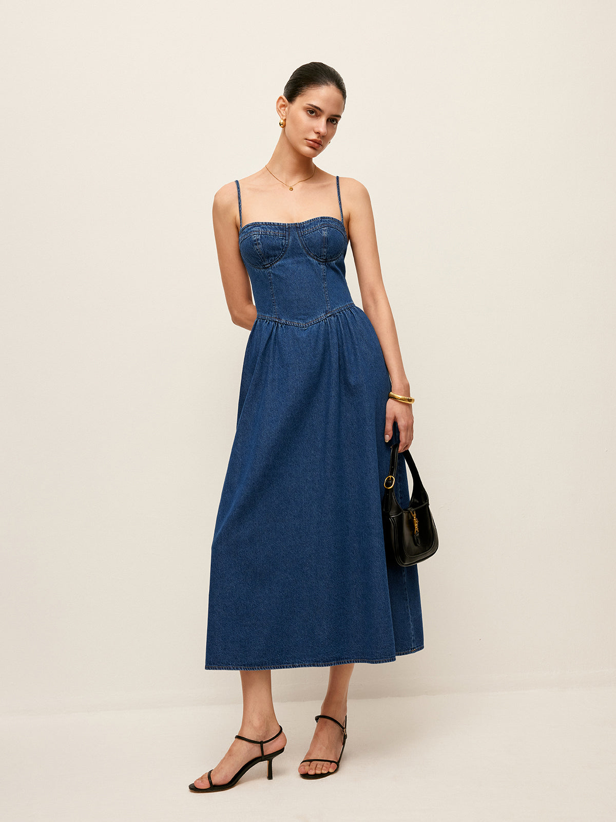 Sweetheart Collar Denim Dress Flared Skirt Button Front