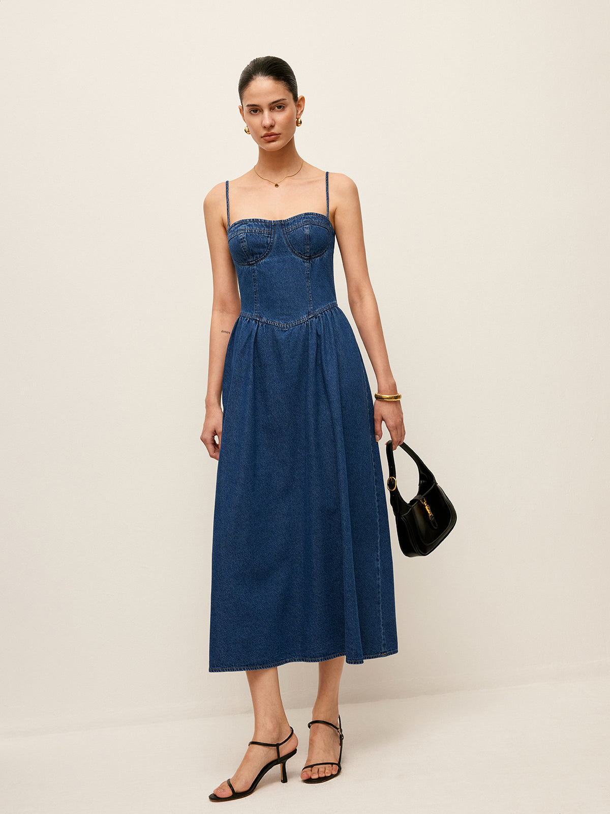 Sweetheart Collar Denim Dress Flared Skirt Button Front