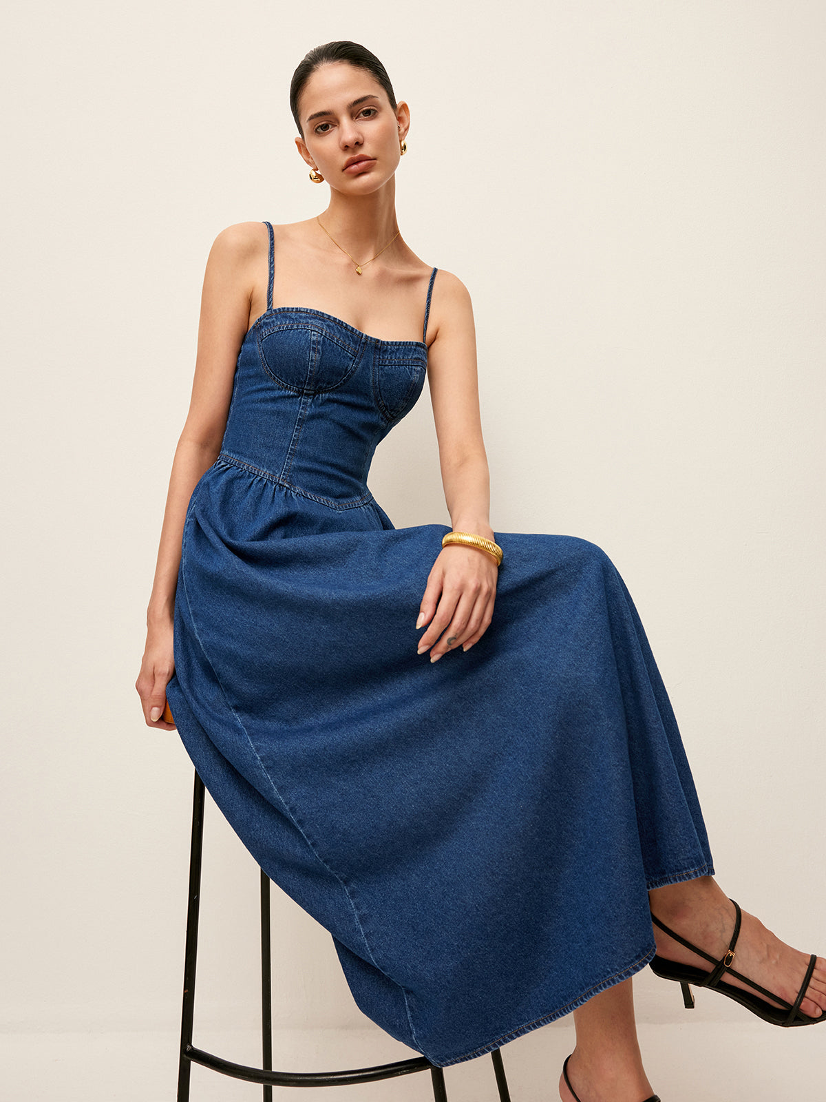 Sweetheart Collar Denim Dress Flared Skirt Button Front