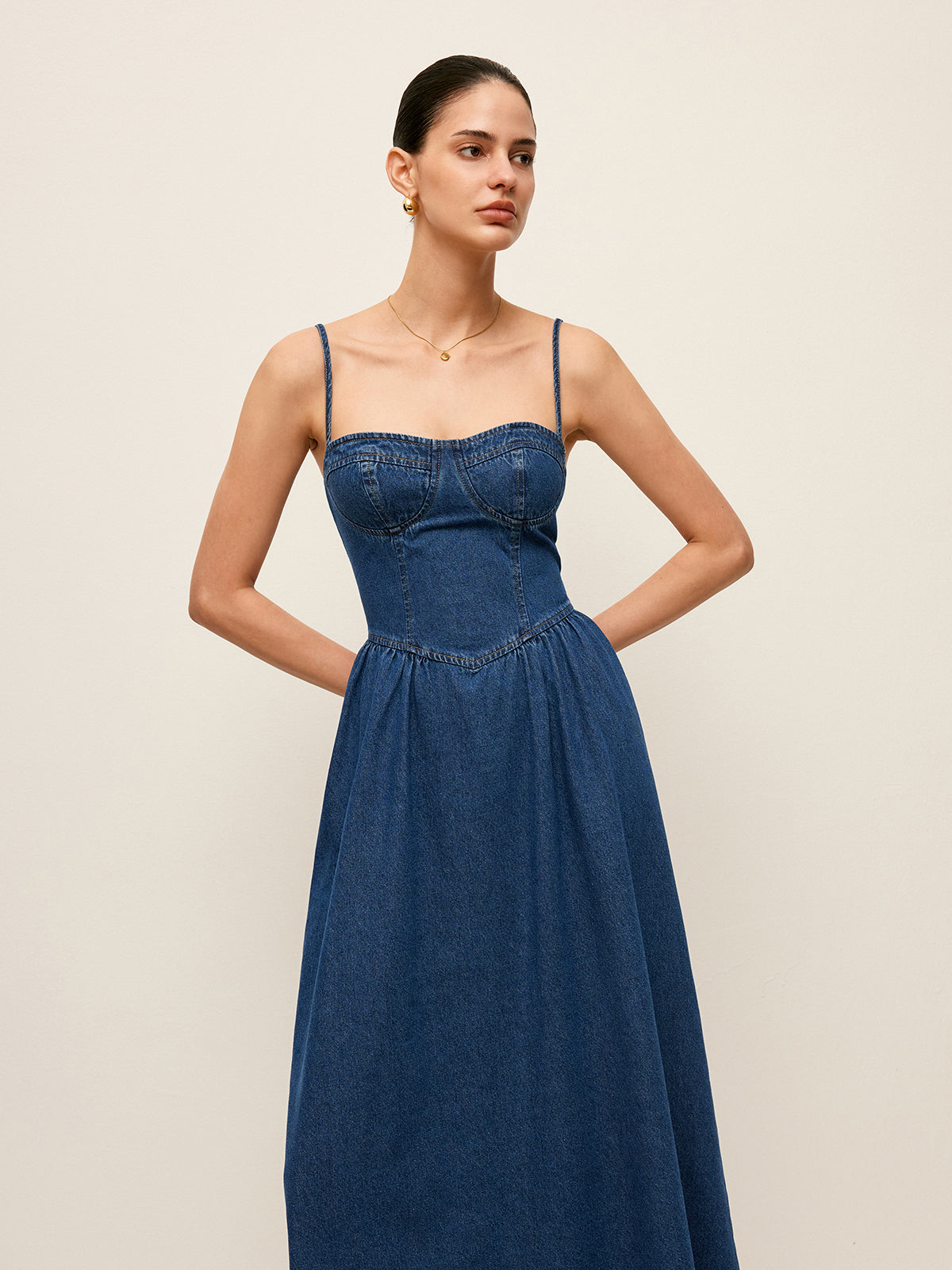 Sweetheart Collar Denim Dress Flared Skirt Button Front