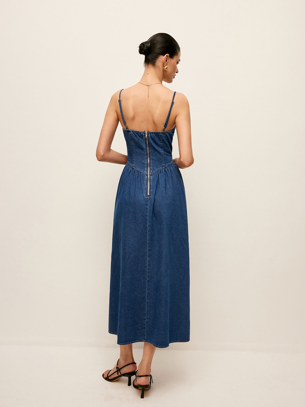 Sweetheart Collar Denim Dress Flared Skirt Button Front