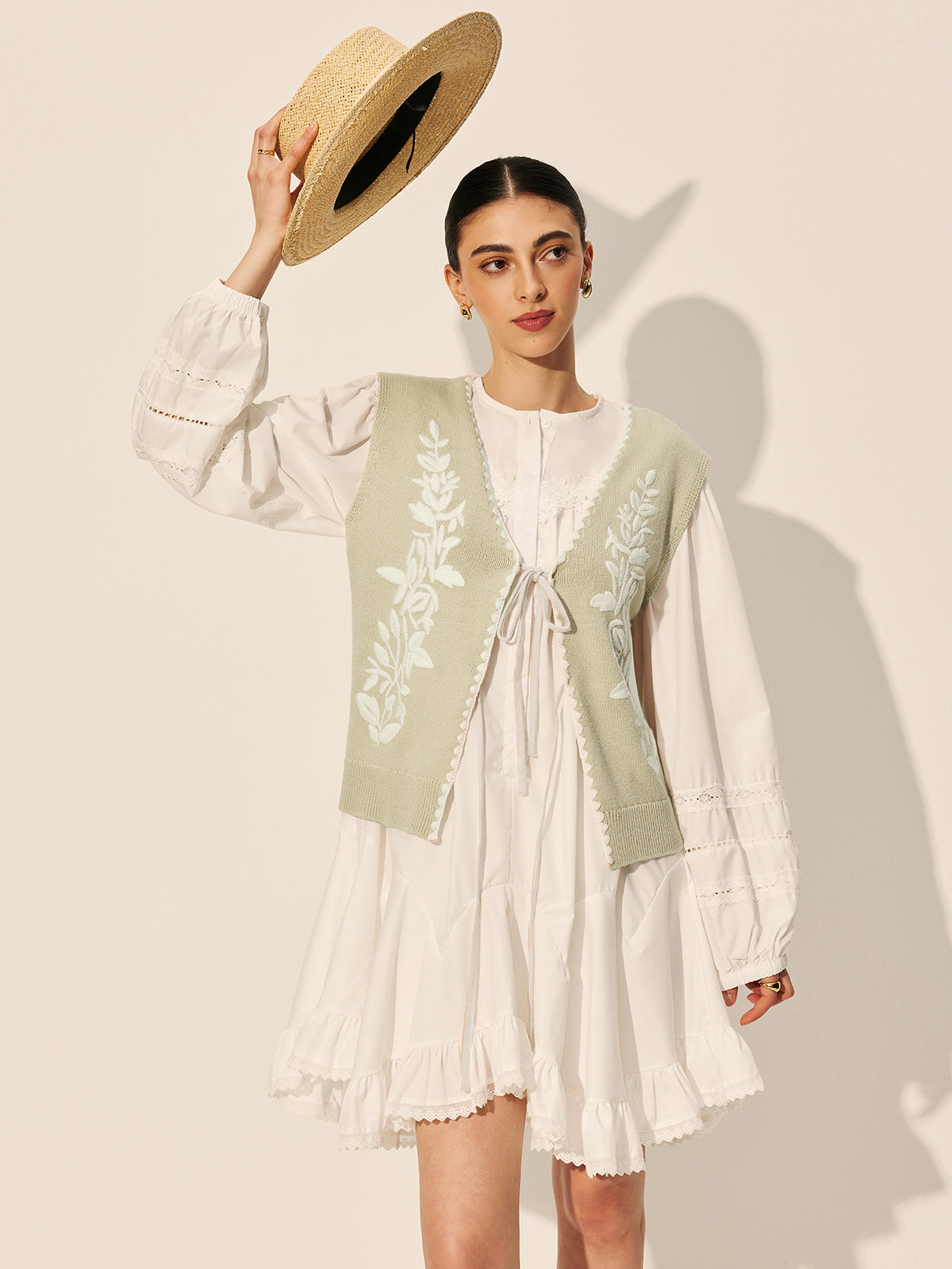 Embroidery Bow Floral Knit Sweater Vest for Women, Casual Layering