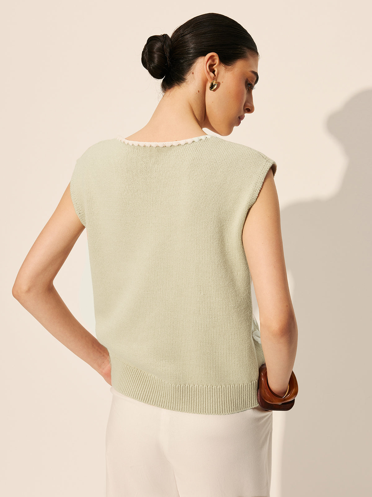 Embroidery Bow Floral Knit Sweater Vest for Women, Casual Layering