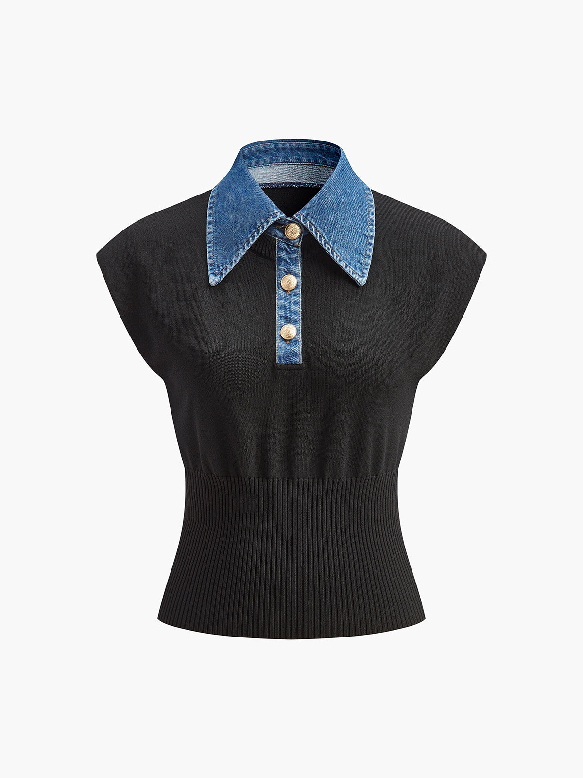 Denim Collar Ribbed Knit Top for Women Casual Wear