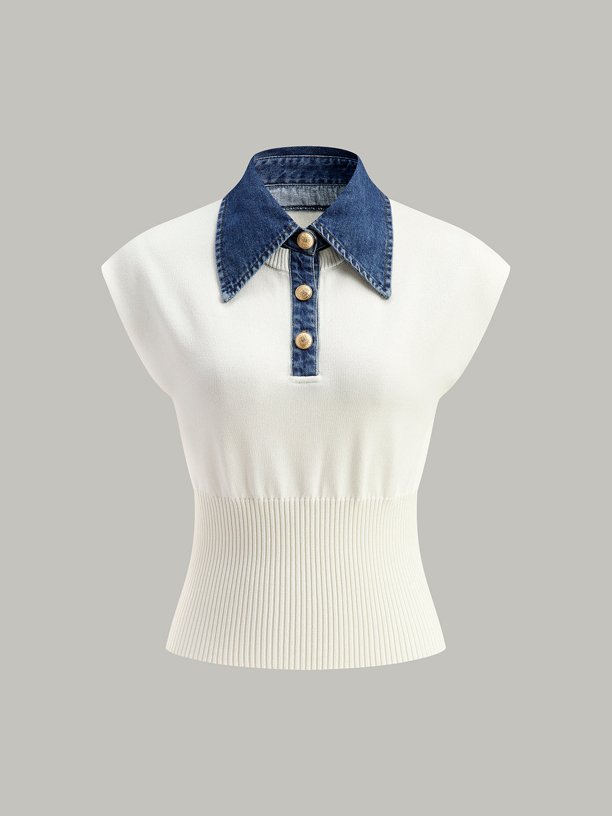 Denim Collar Ribbed Knit Top for Women Casual Wear