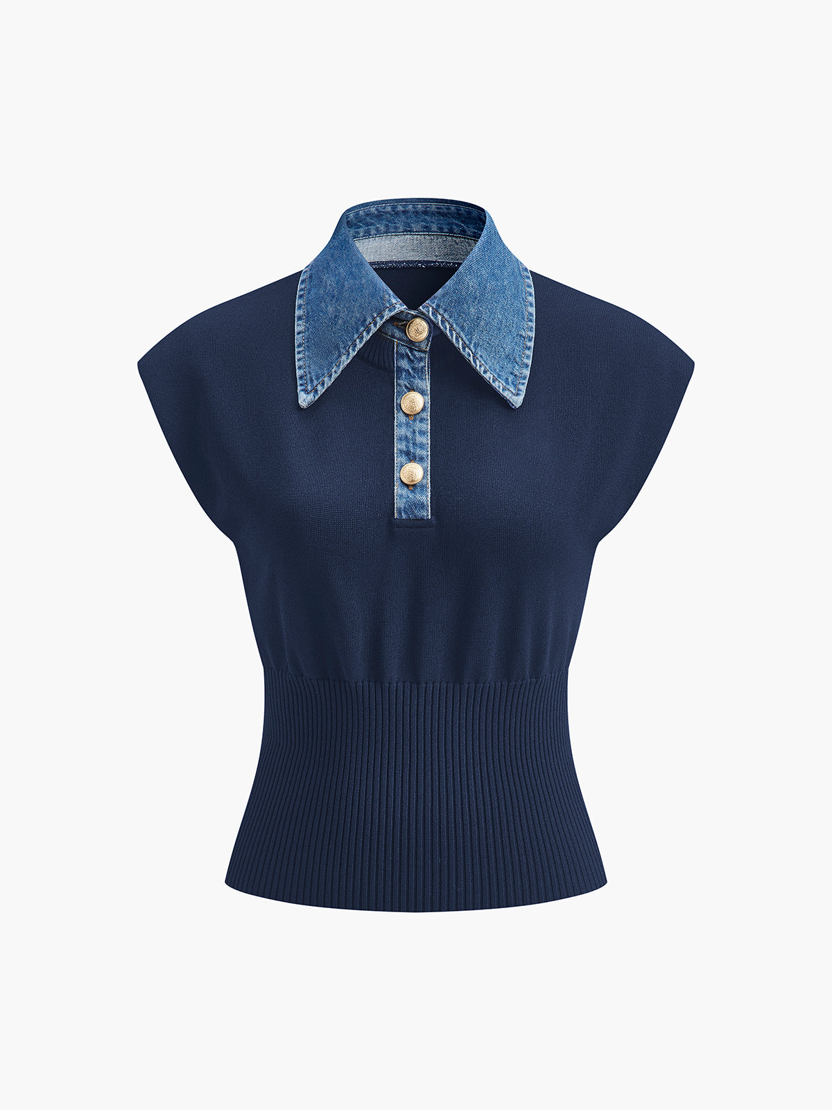 Denim Collar Ribbed Knit Top for Women Casual Wear