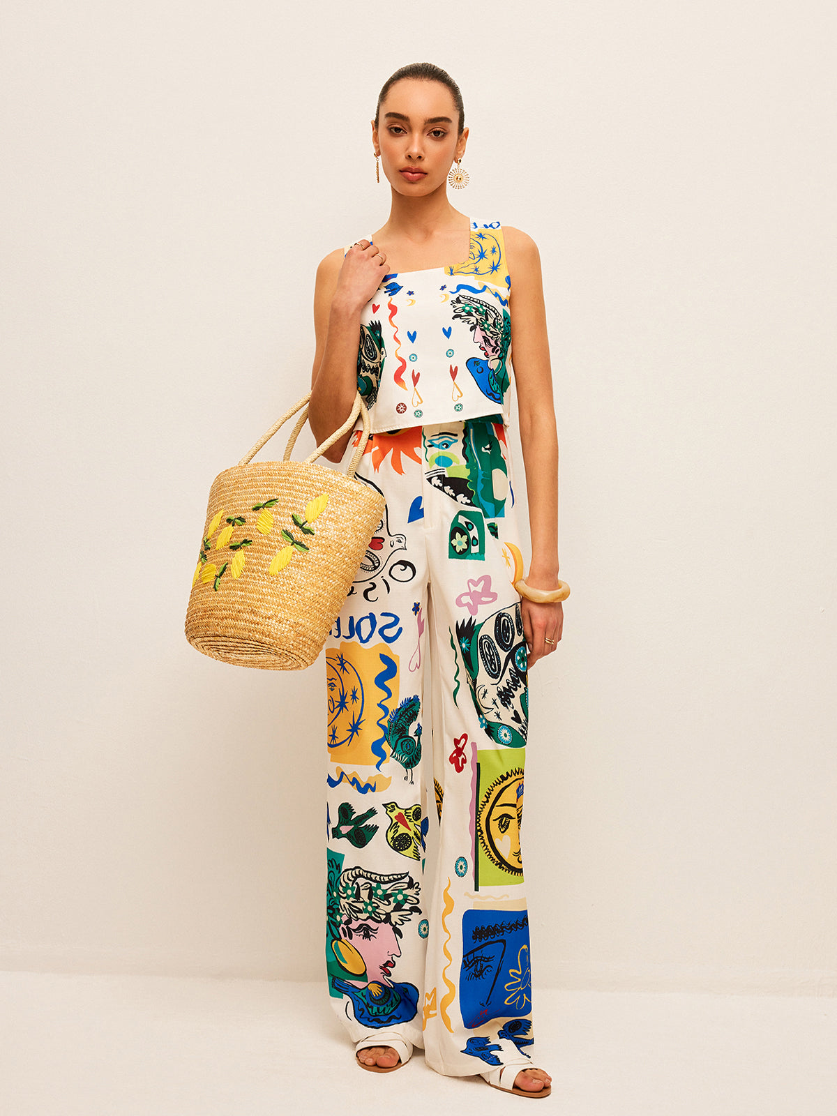 Graphic Print Crop Top With Wide-Leg Pants Set for Women’s Casual Wear