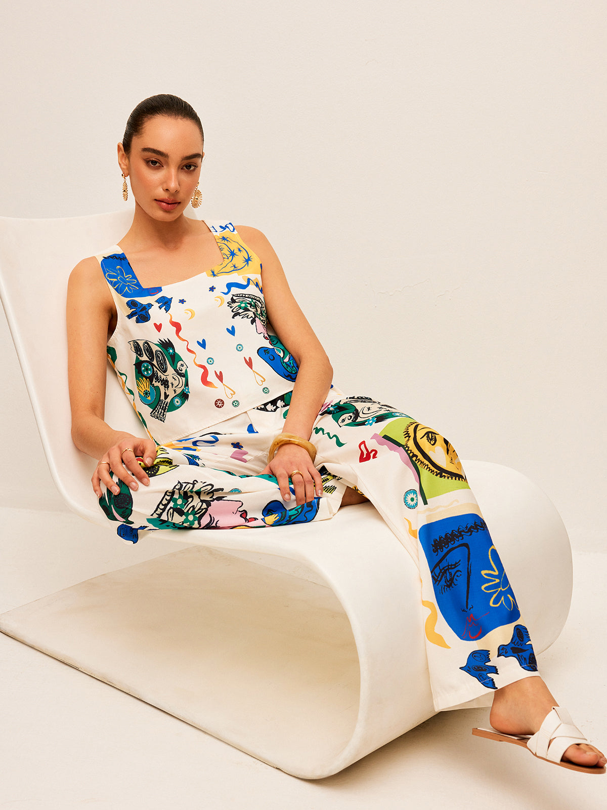 Graphic Print Crop Top With Wide-Leg Pants Set for Women’s Casual Wear