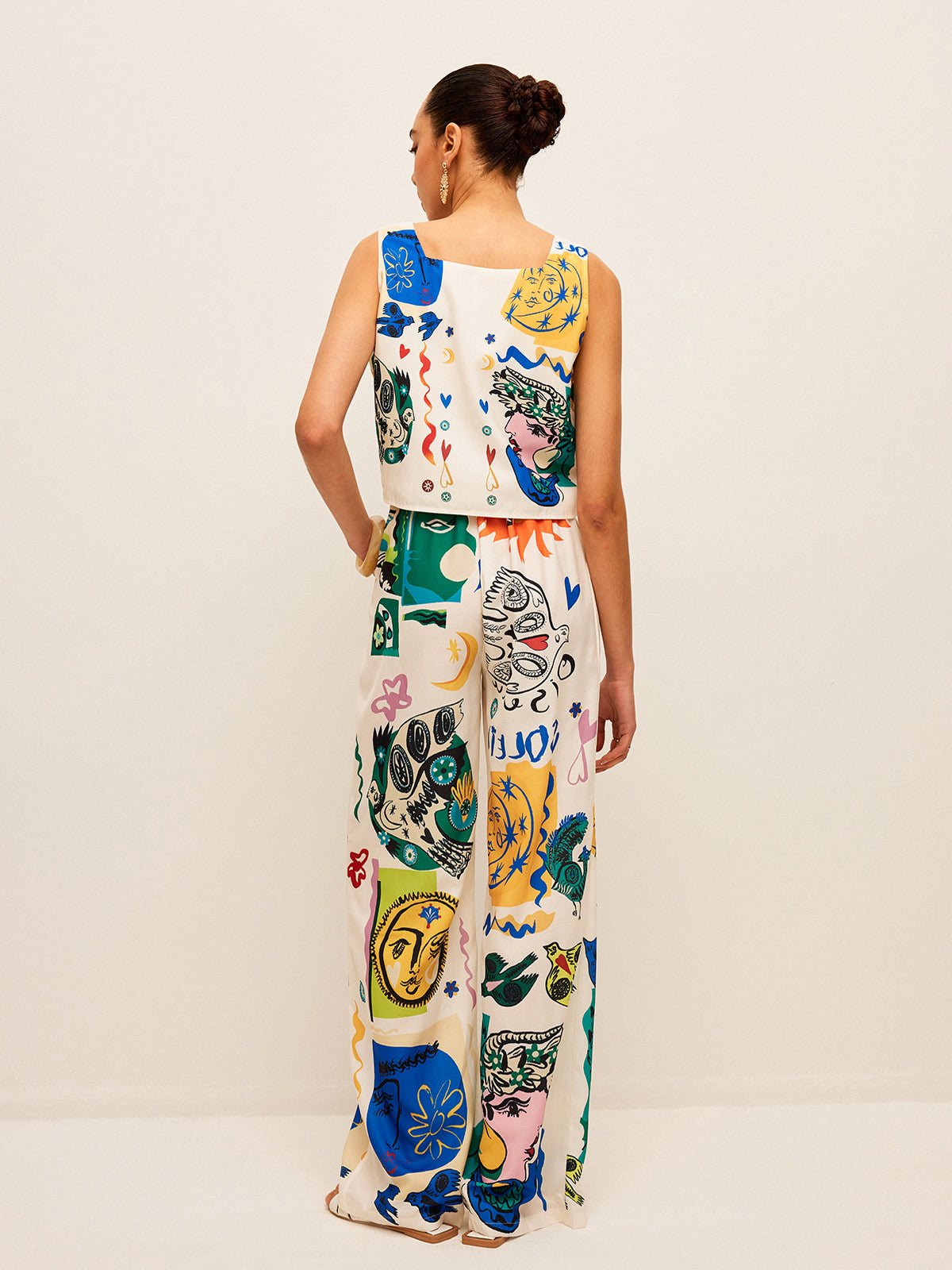 Graphic Print Crop Top With Wide-Leg Pants Set for Women’s Casual Wear