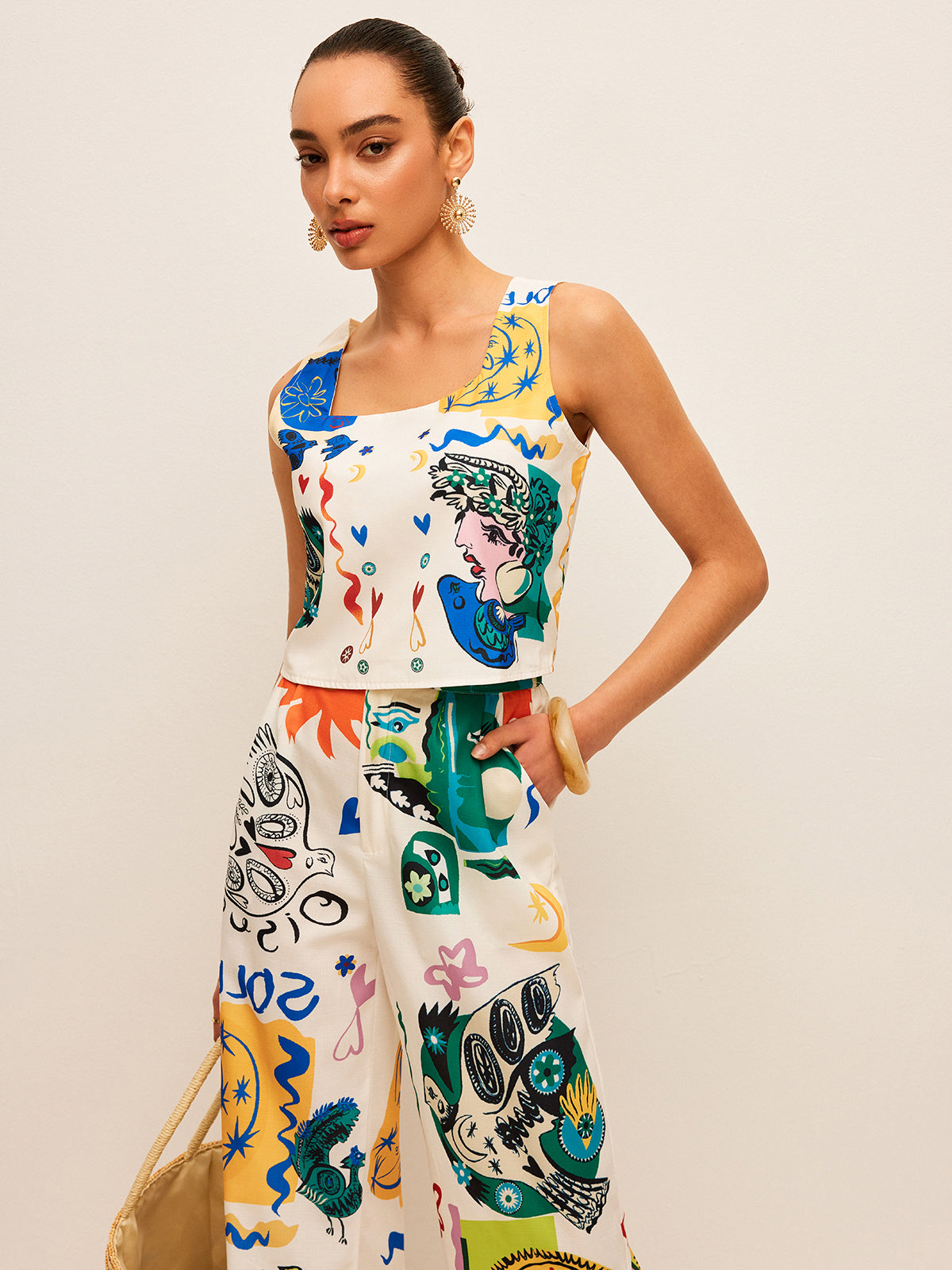 Graphic Print Crop Top With Wide-Leg Pants Set for Women’s Casual Wear