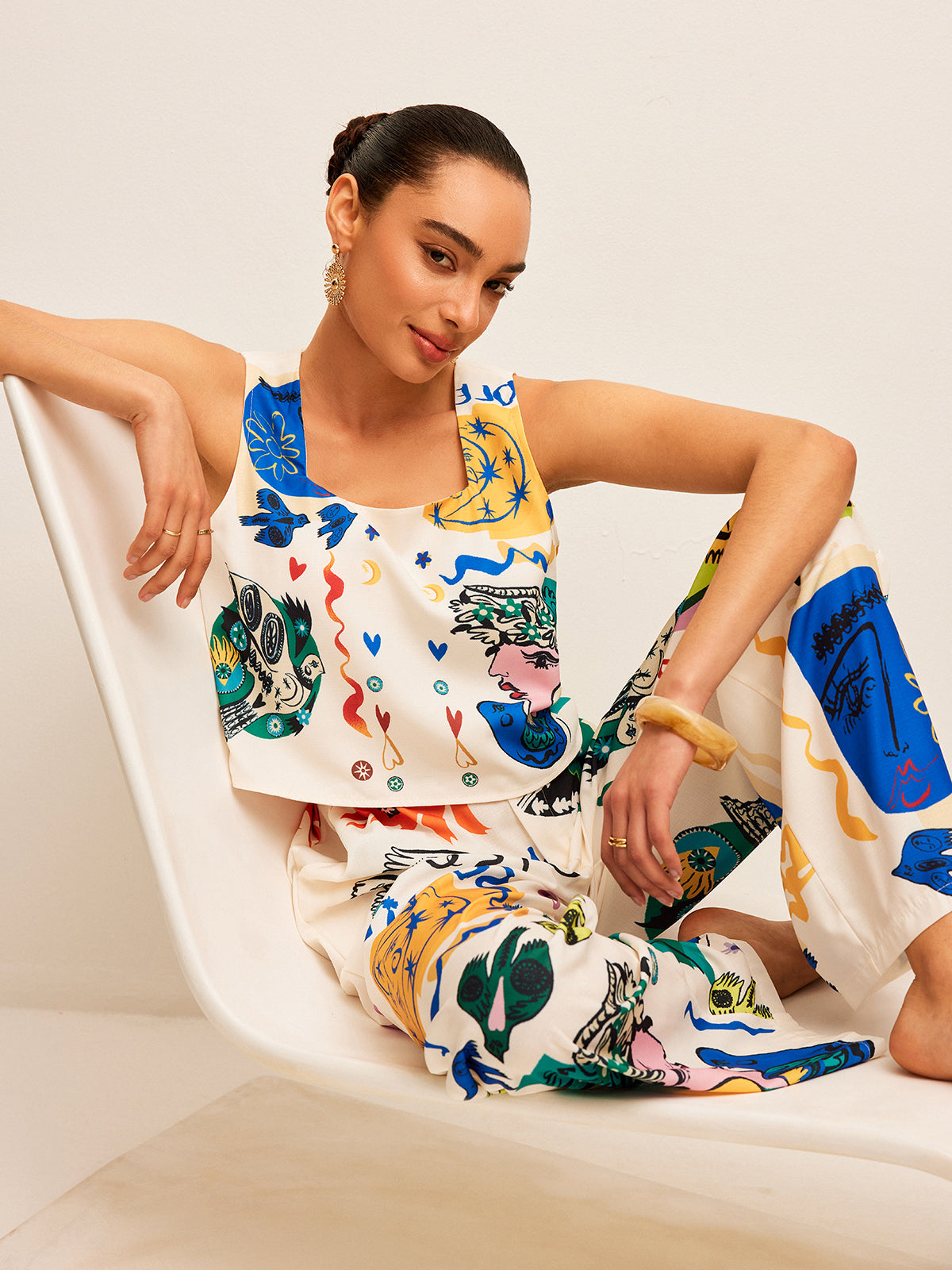 Graphic Print Crop Top With Wide-Leg Pants Set for Women’s Casual Wear