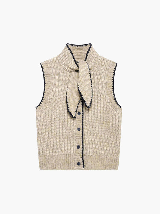 Tie Neck Contrast Trim Button Sweater Vest with Stylish Sleeveless Design