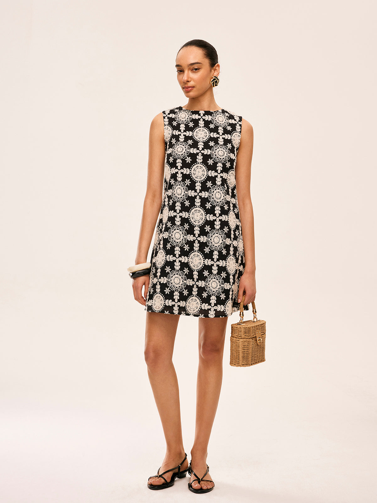 Embroidered Cotton Sleeveless Dress with Floral Detail for Women
