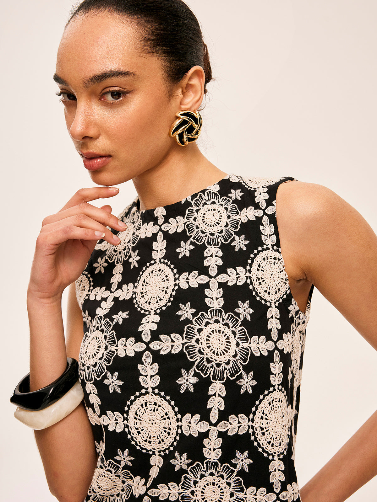 Embroidered Cotton Sleeveless Dress with Floral Detail for Women