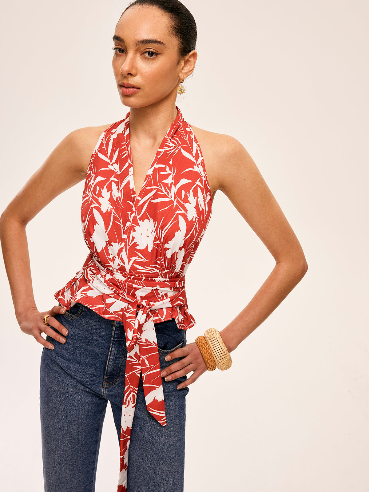 Floral Halter Neck Tie Waist Summer Blouse for Women