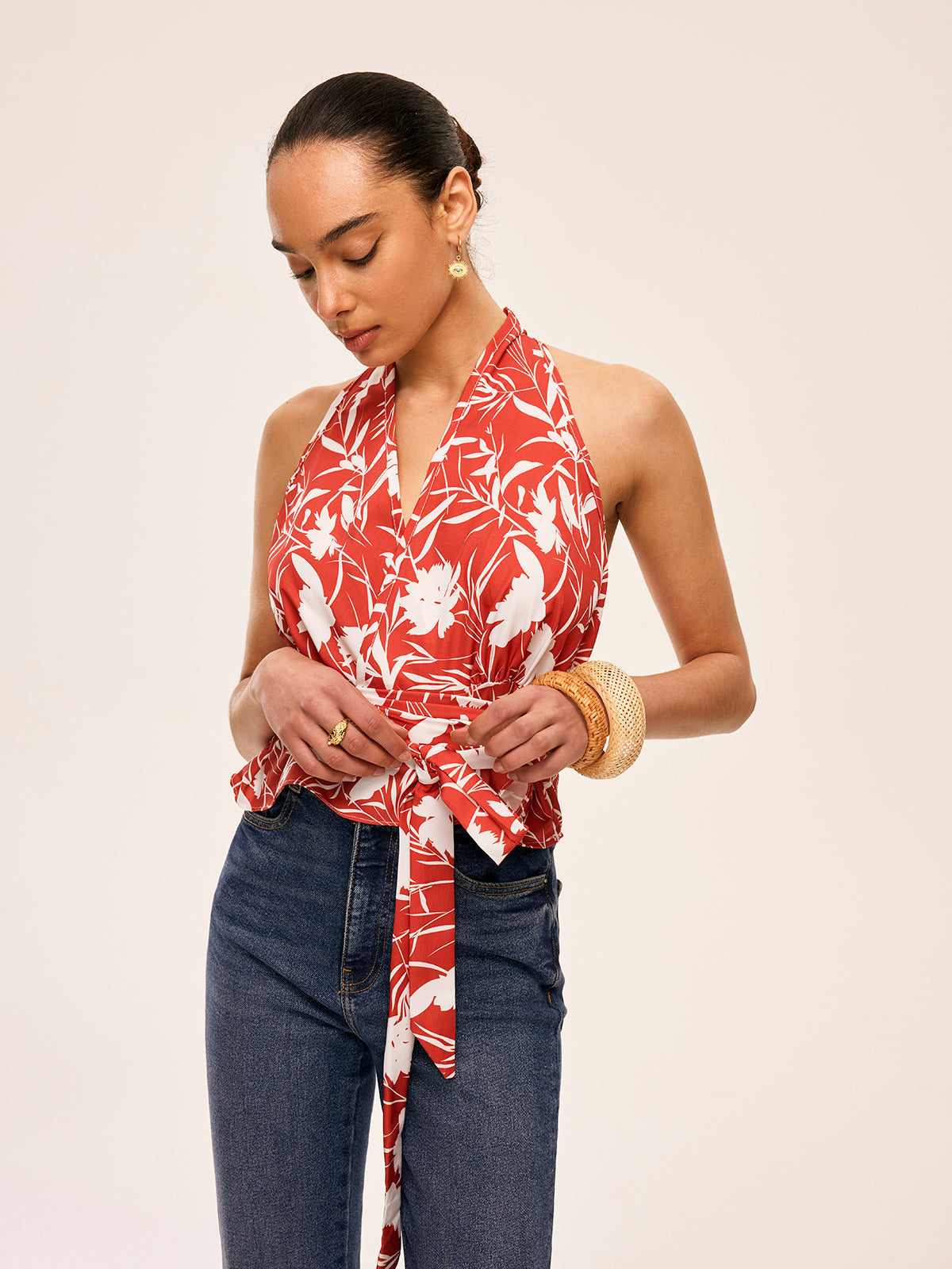 Floral Halter Neck Tie Waist Summer Blouse for Women