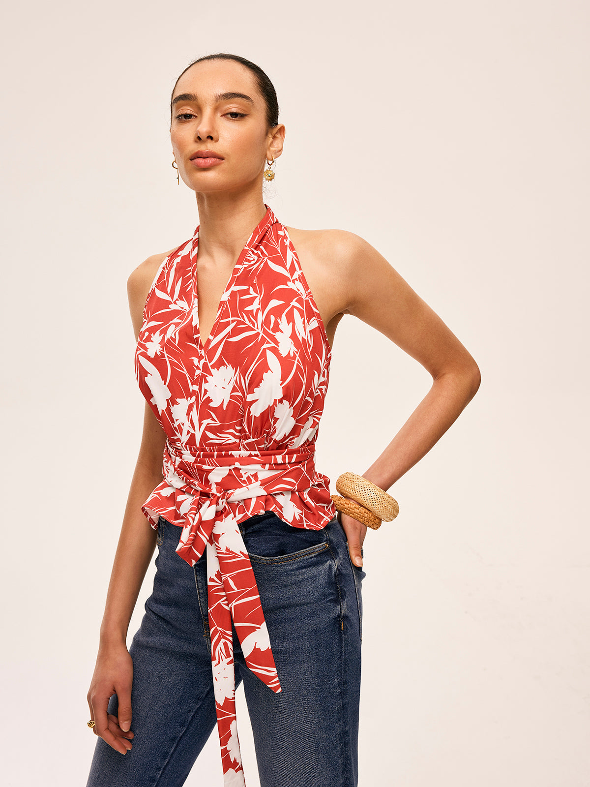 Floral Halter Neck Tie Waist Summer Blouse for Women