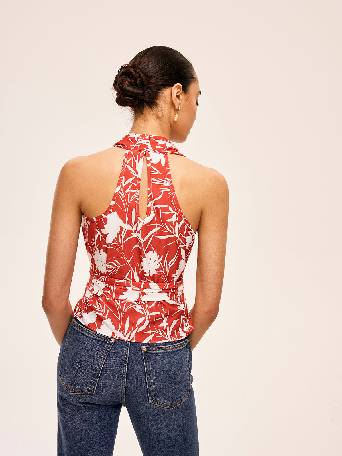 Floral Halter Neck Tie Waist Summer Blouse for Women