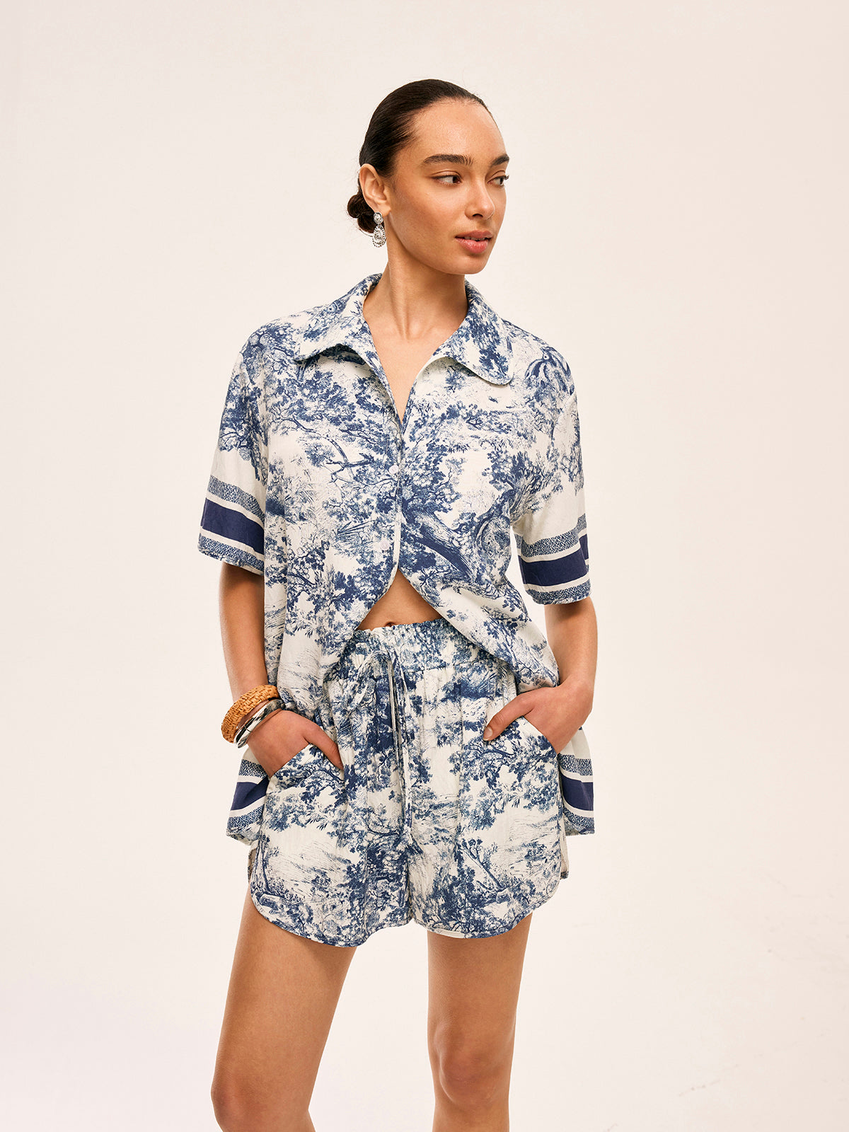 Printed Contrast Trim Shorts Set with Elastic Waistband
