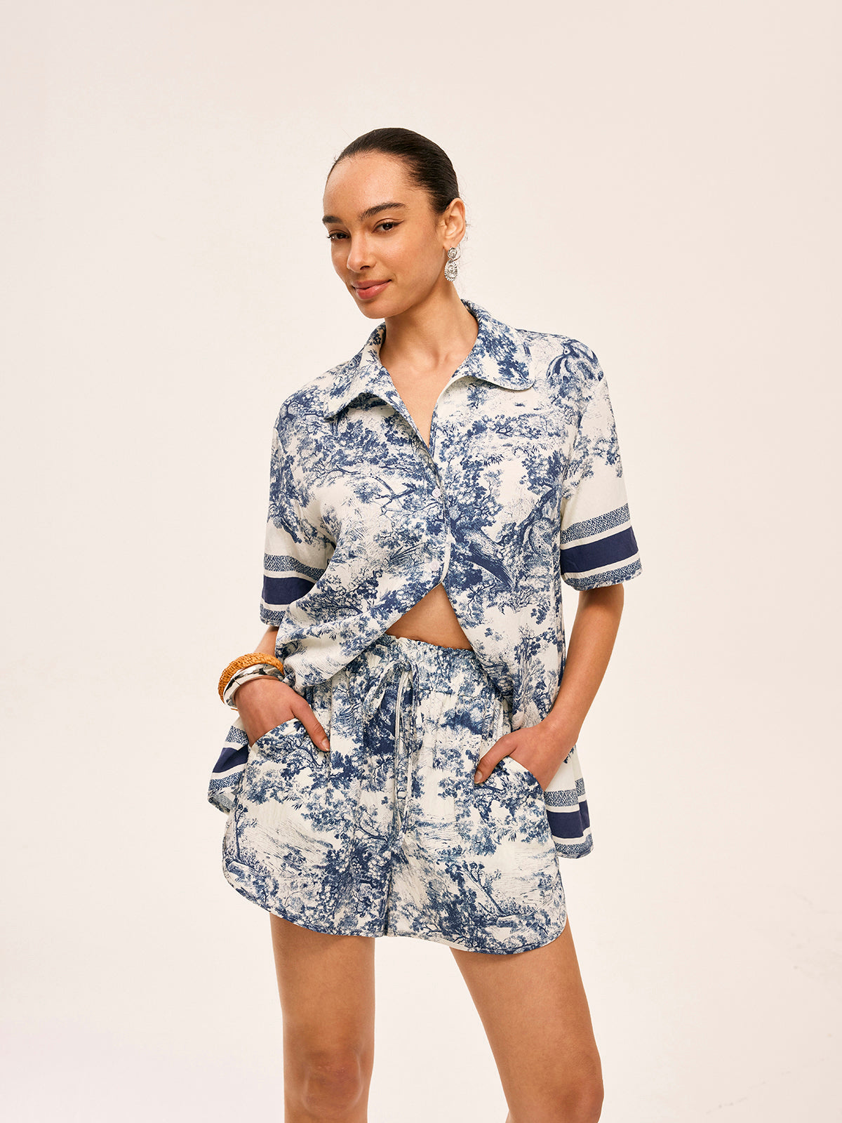 Printed Contrast Trim Shorts Set with Elastic Waistband
