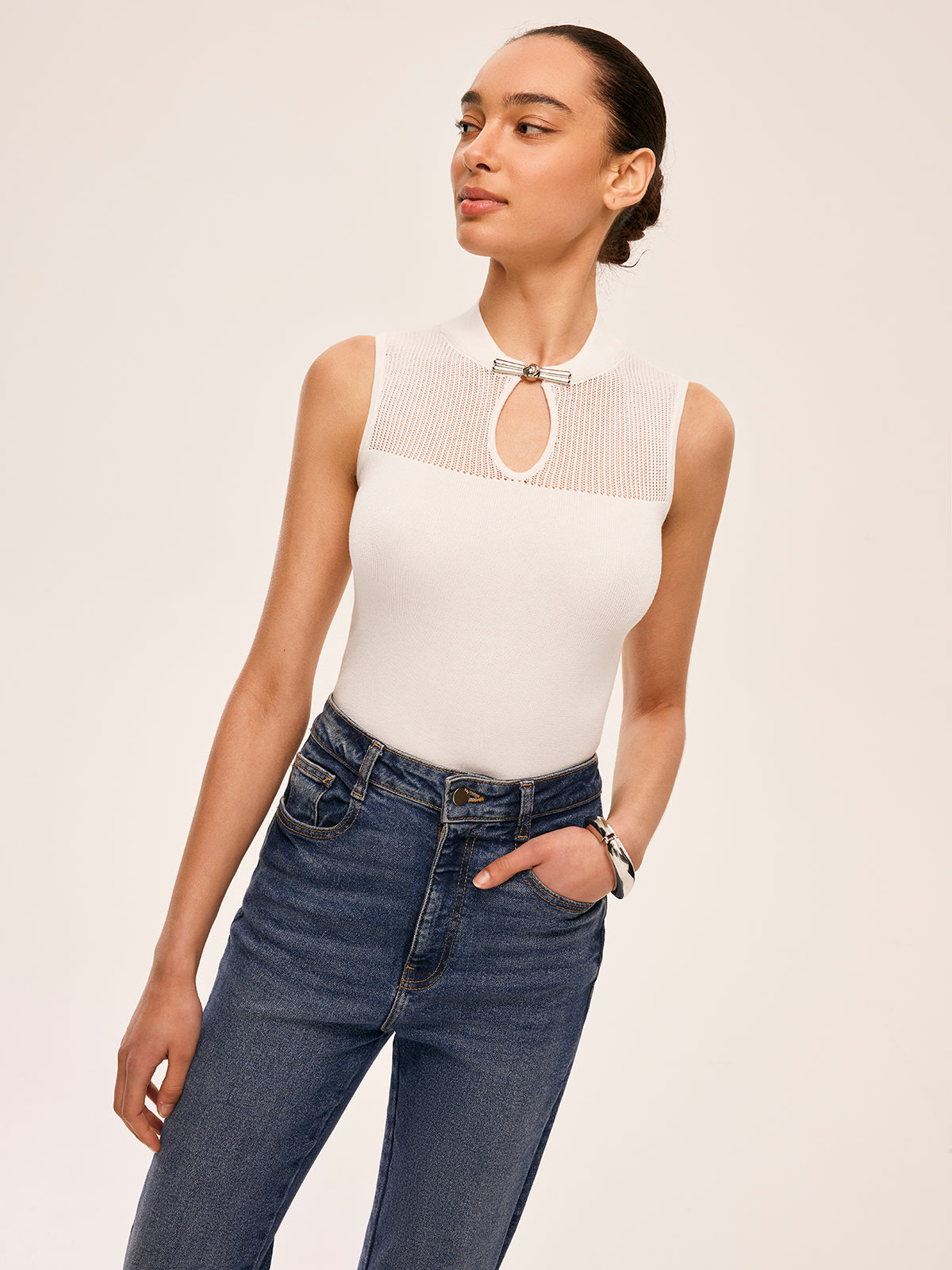 Mesh Detail Keyhole Neck Ribbed Top for Women Casual Outfits