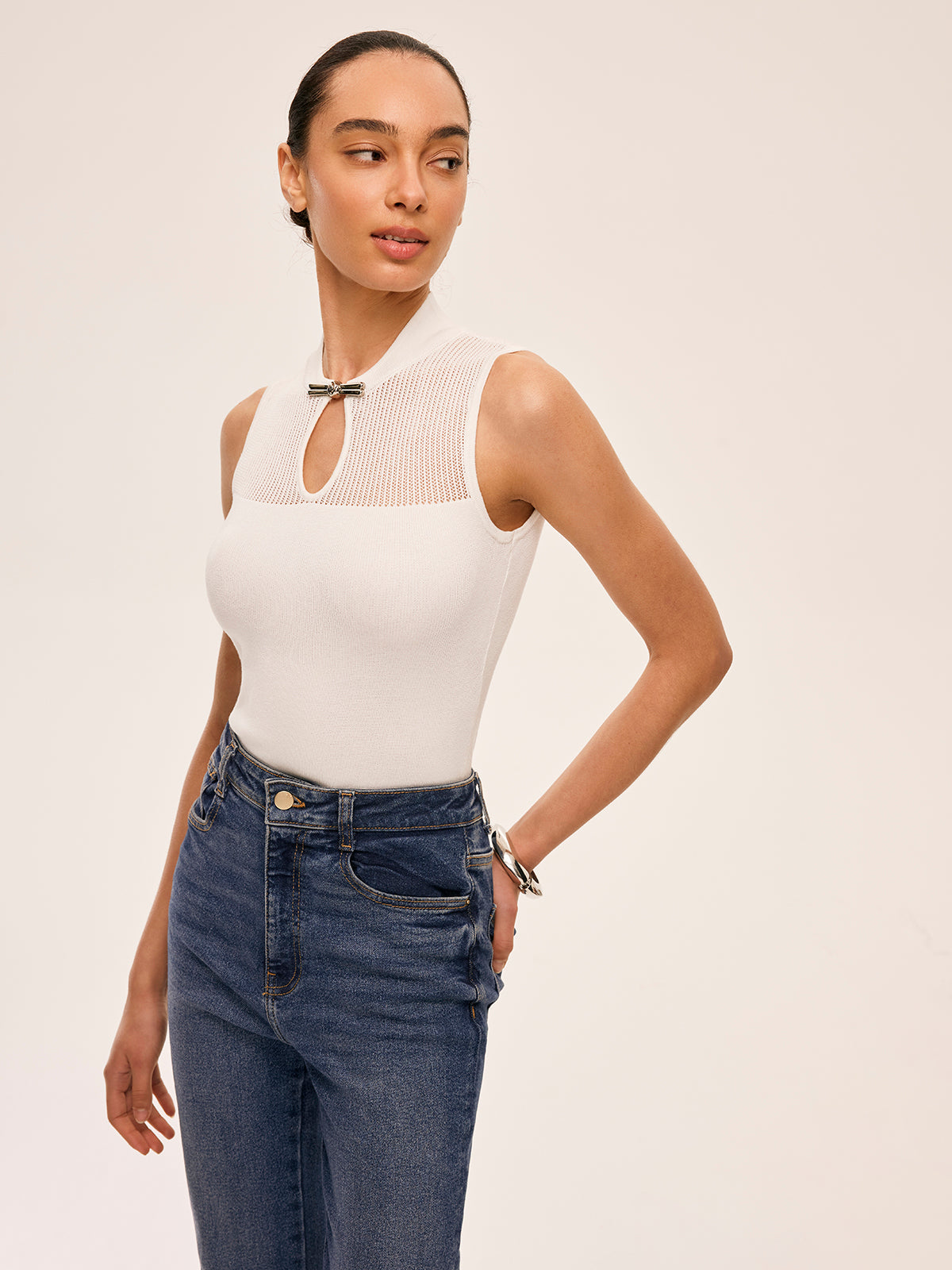Mesh Detail Keyhole Neck Ribbed Top for Women Casual Outfits