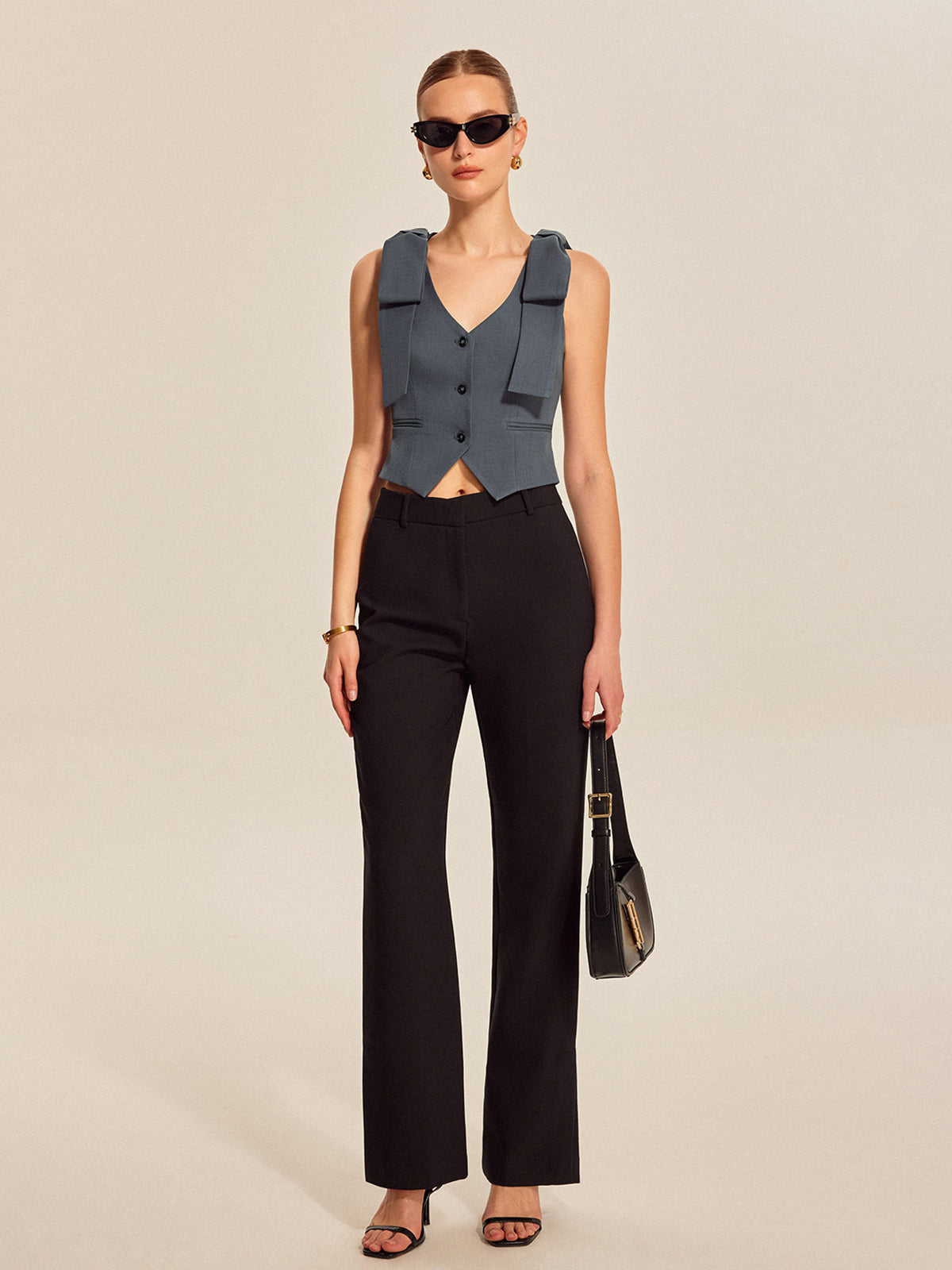 Bow Shoulder Tailored Vest with Button Detailing and Waist Cinch