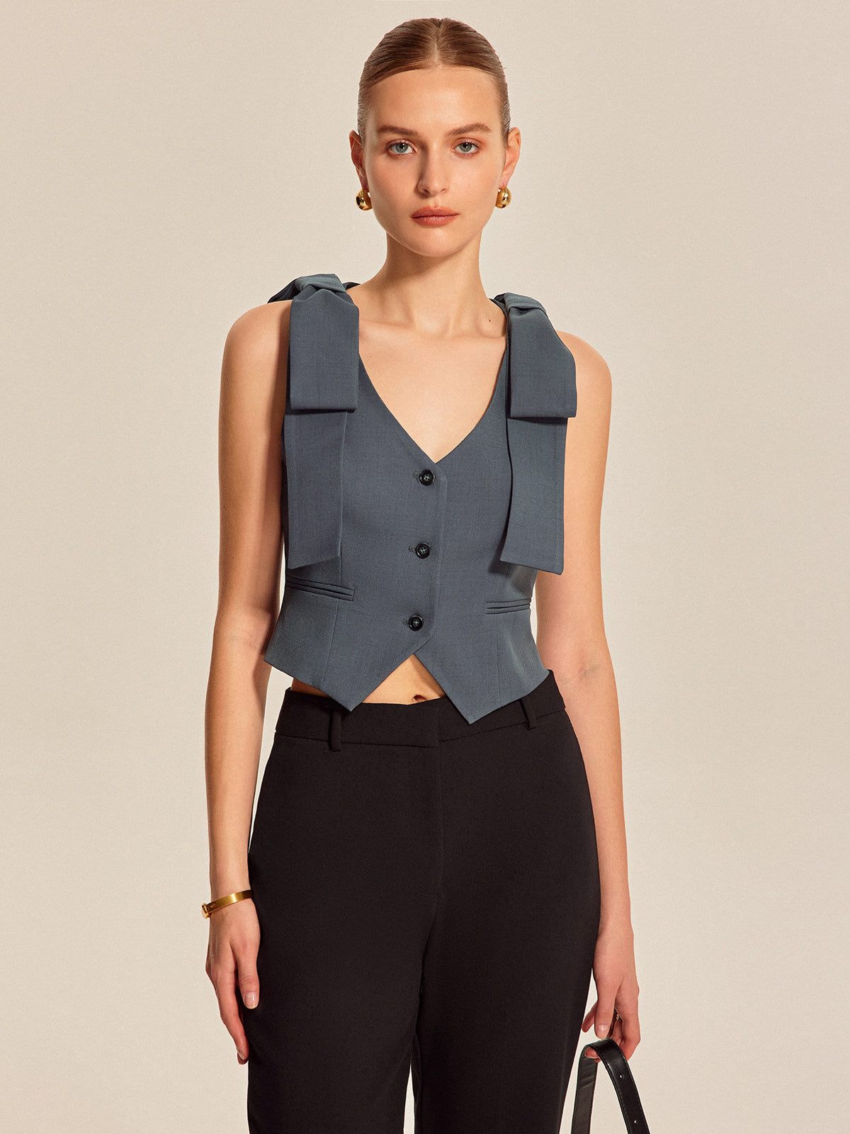Bow Shoulder Tailored Vest with Button Detailing and Waist Cinch