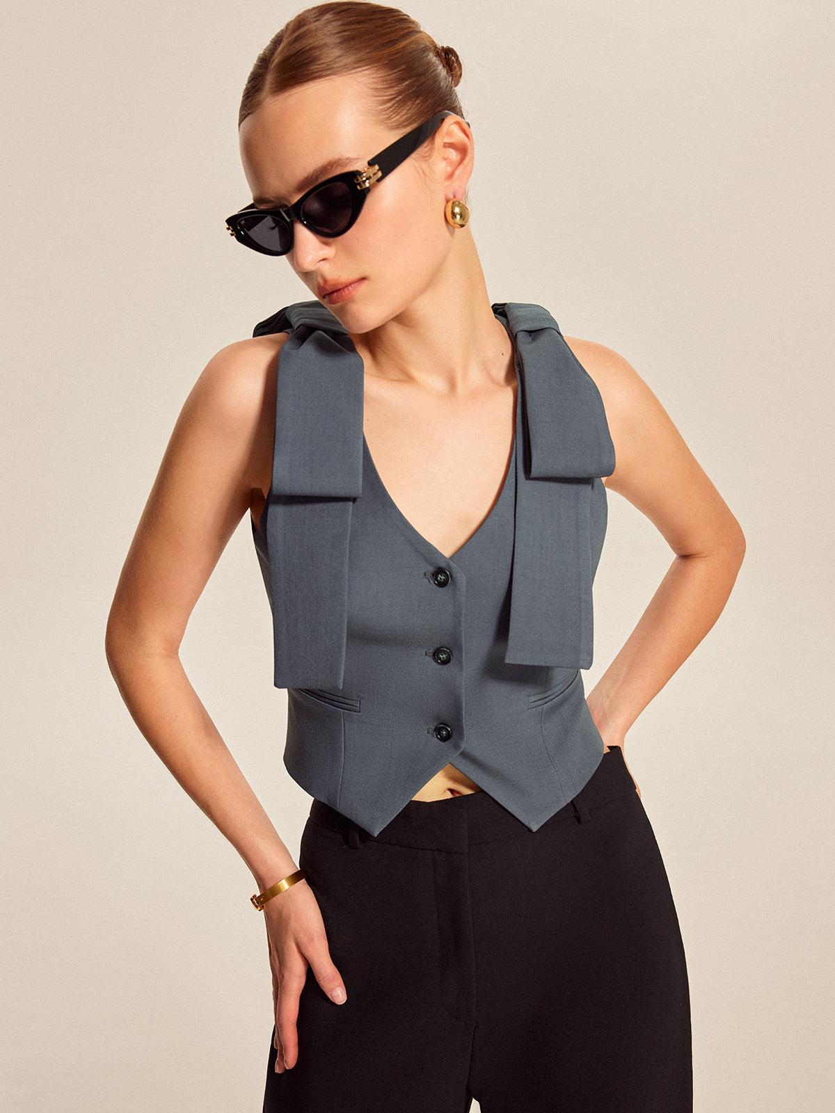 Bow Shoulder Tailored Vest with Button Detailing and Waist Cinch