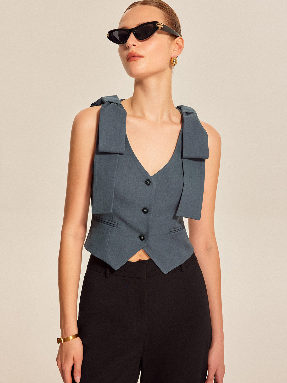 Bow Shoulder Tailored Vest with Button Detailing and Waist Cinch