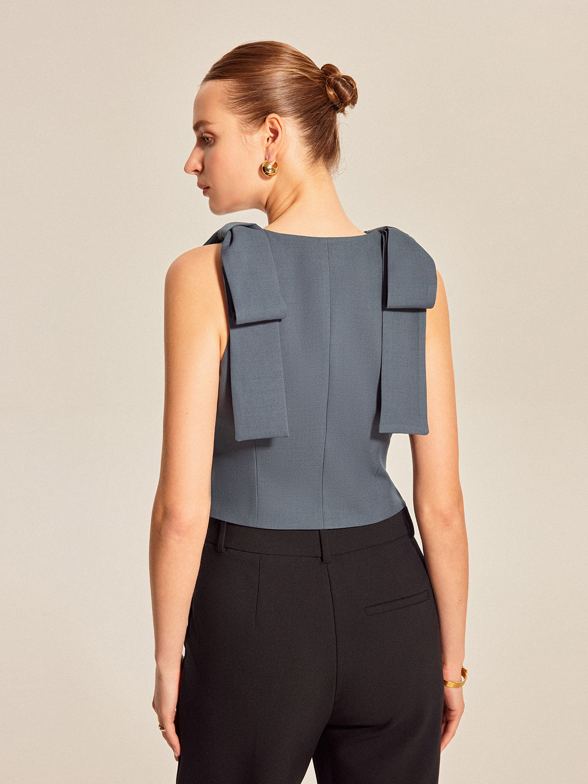 Bow Shoulder Tailored Vest with Button Detailing and Waist Cinch