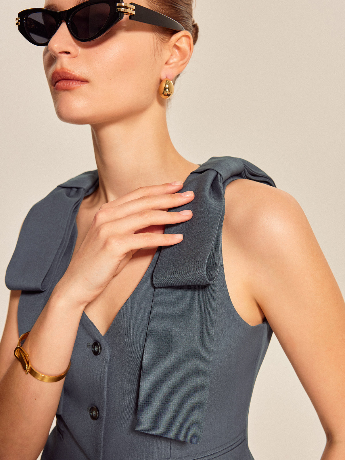 Bow Shoulder Tailored Vest with Button Detailing and Waist Cinch