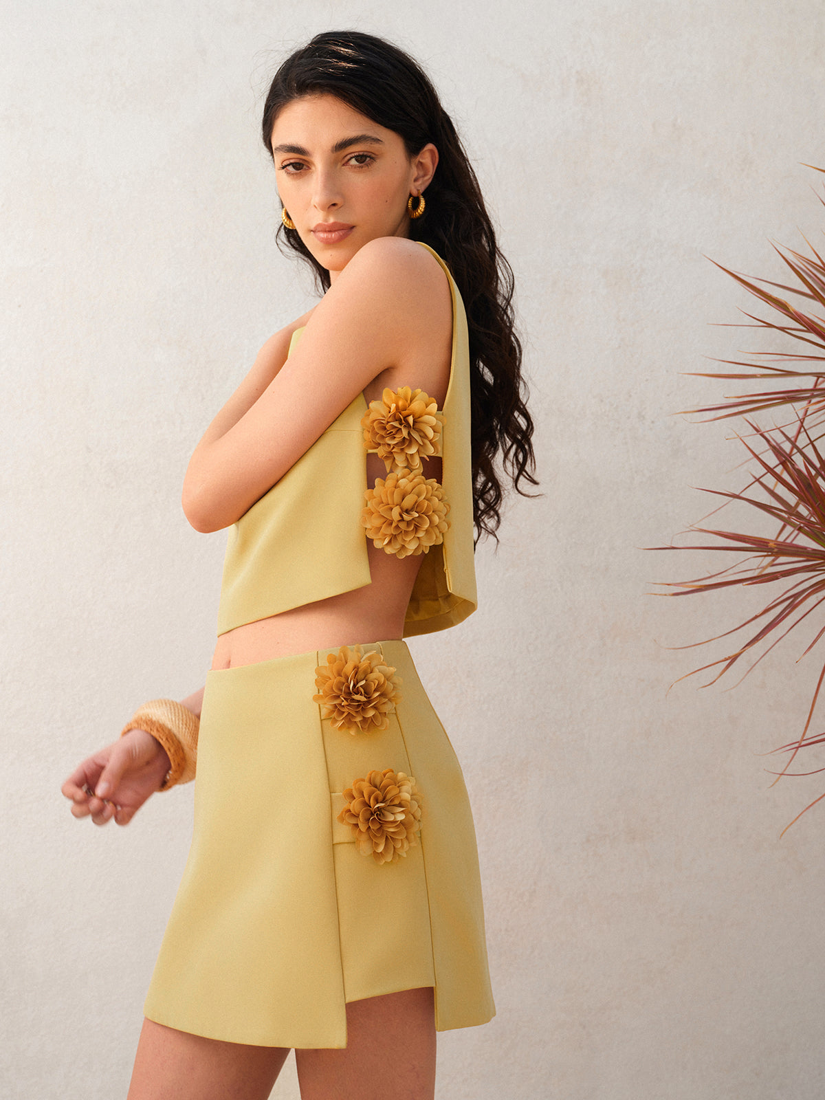 3D Floral Embellished Short Skirt Set with Sleeveless Crop Top