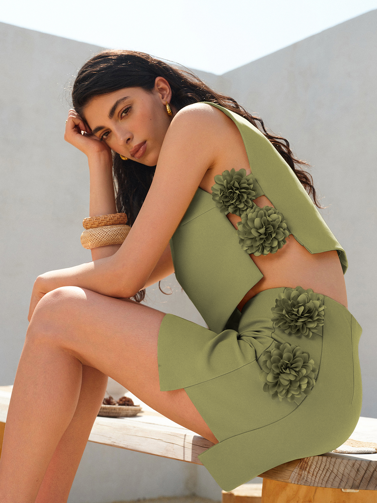 3D Floral Embellished Short Skirt Set with Sleeveless Crop Top