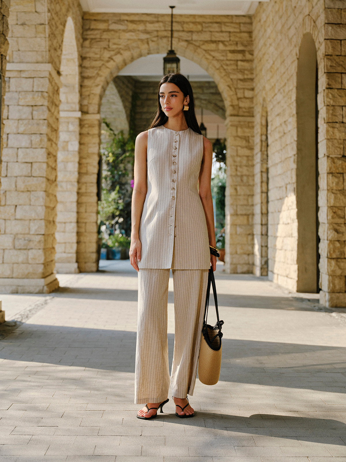 Linen Blend Mid-Waist Pants With Pockets for Women, Casual Summer Style