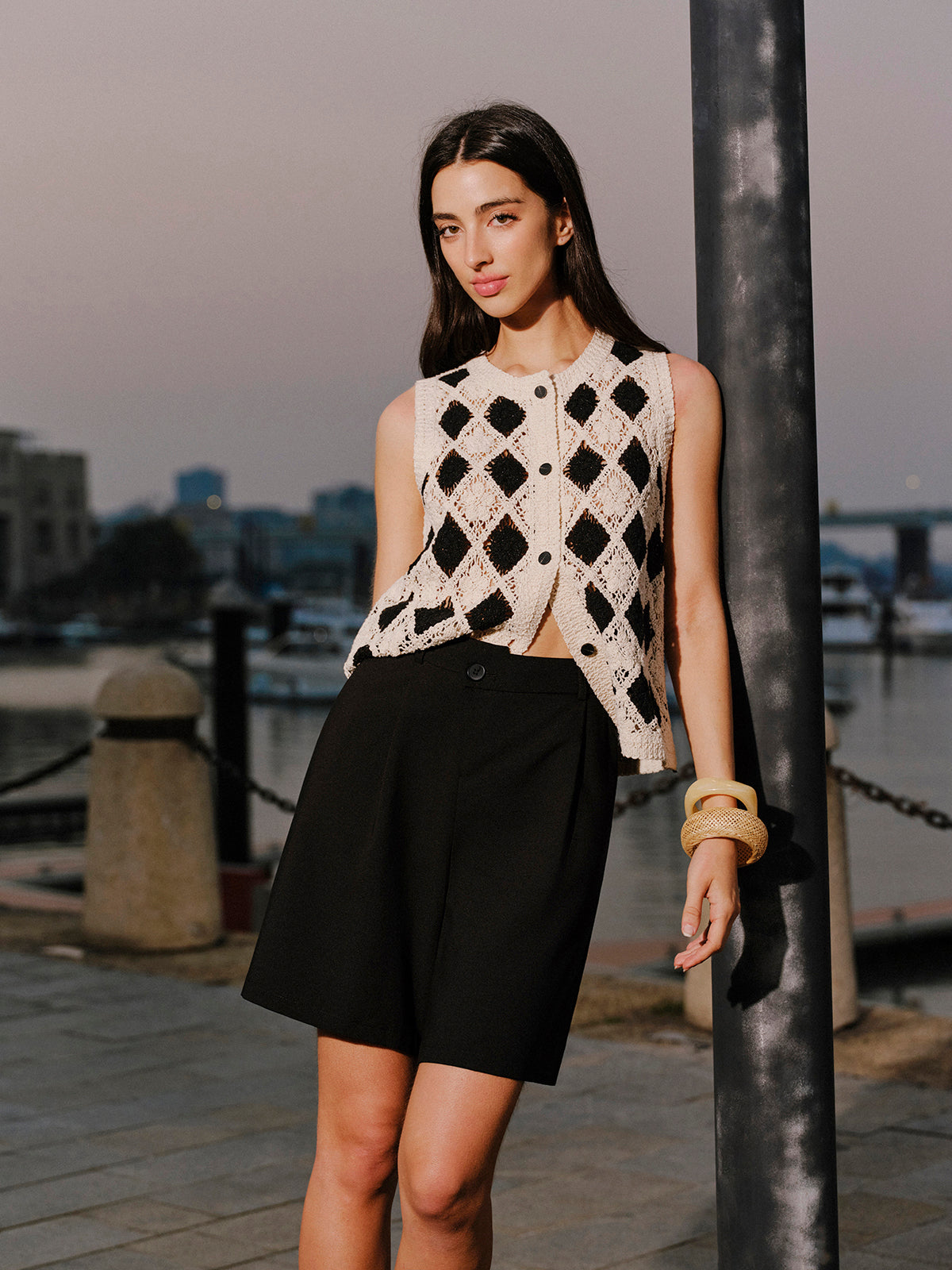 Embroidered Diamond Pattern Knit Vest | Stylish Layering Essential for All Seasons